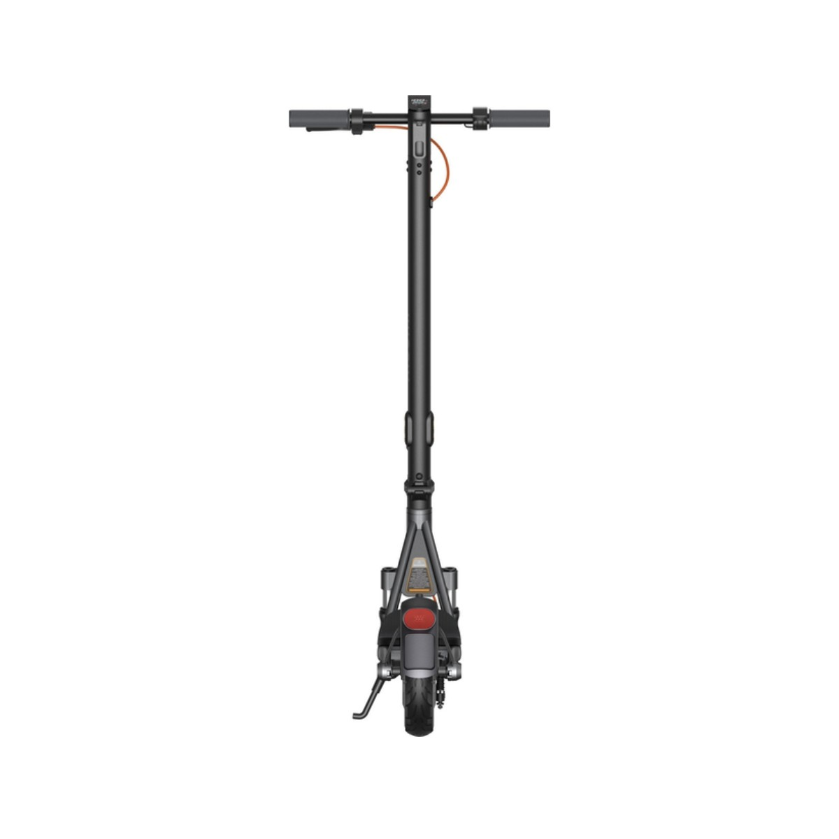 Ein schwarzer E-Scooter von vorne gesehen, zentriert vor einem schlichten weißen Hintergrund.
