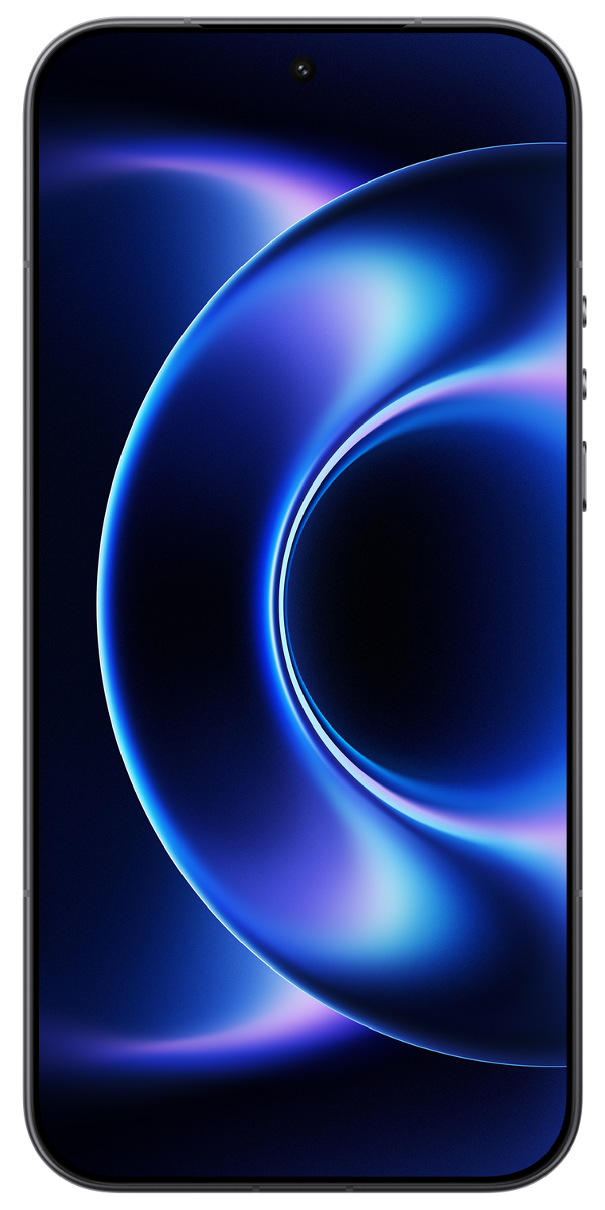 Un smartphone affiche un fond abstrait bleu avec des cercles lumineux.