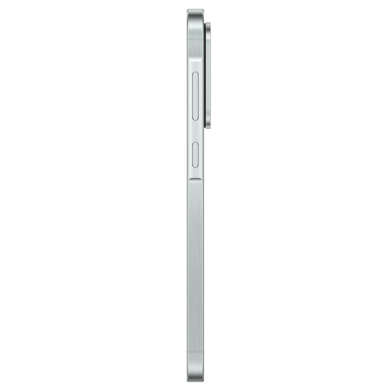 Vista laterale di uno smartphone argento con pulsanti fisici e modulo fotocamera su sfondo bianco.