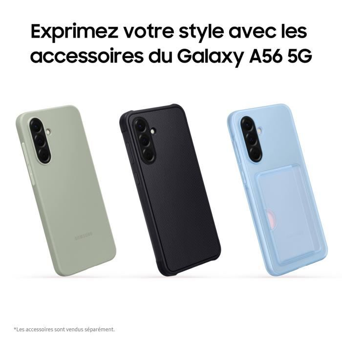 Tre cover per Galaxy A56 5G in verde chiaro, nero e azzurro con testo in alto.