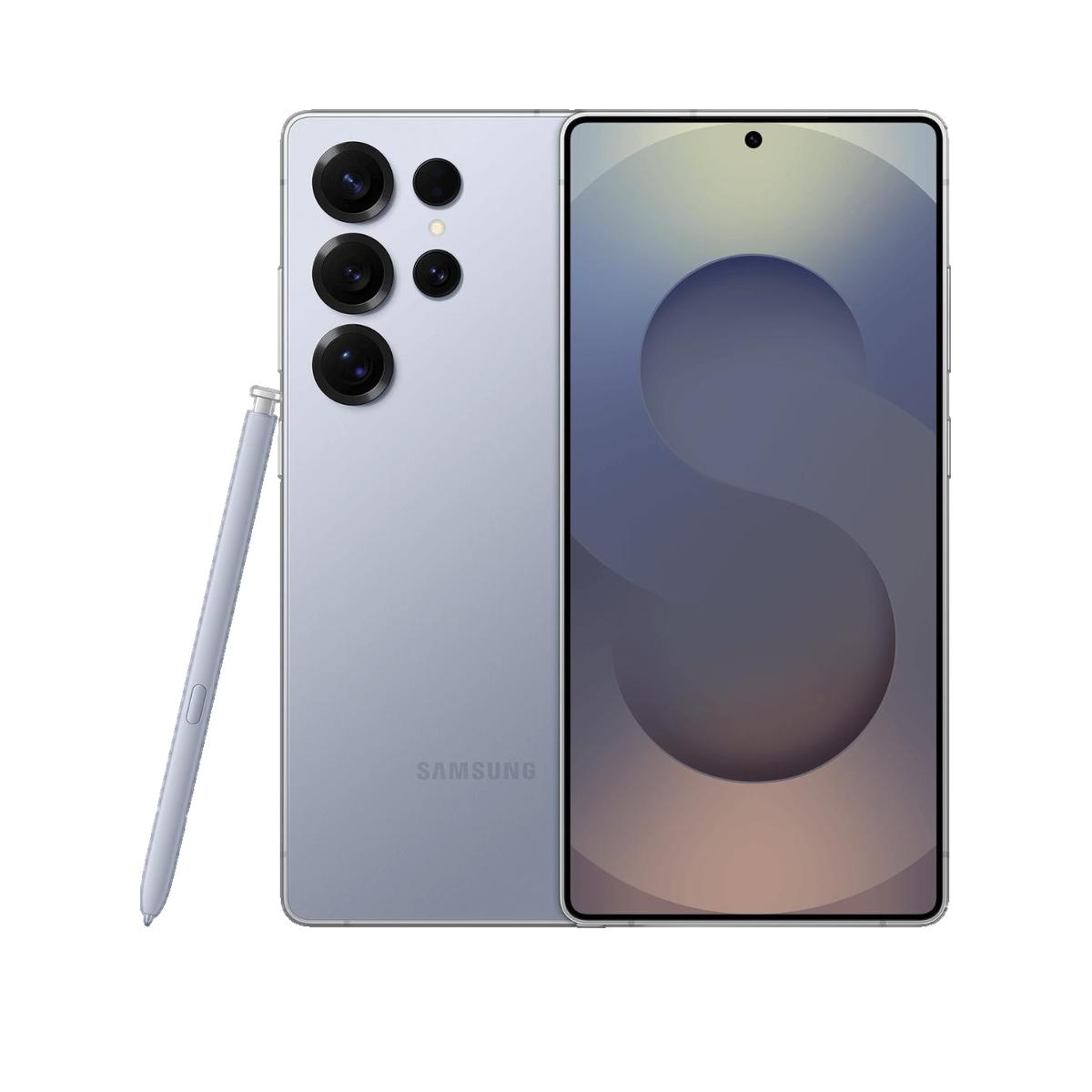 Uno smartphone azzurro con schermo frontale, fotocamere posteriori e pennino su sfondo bianco.