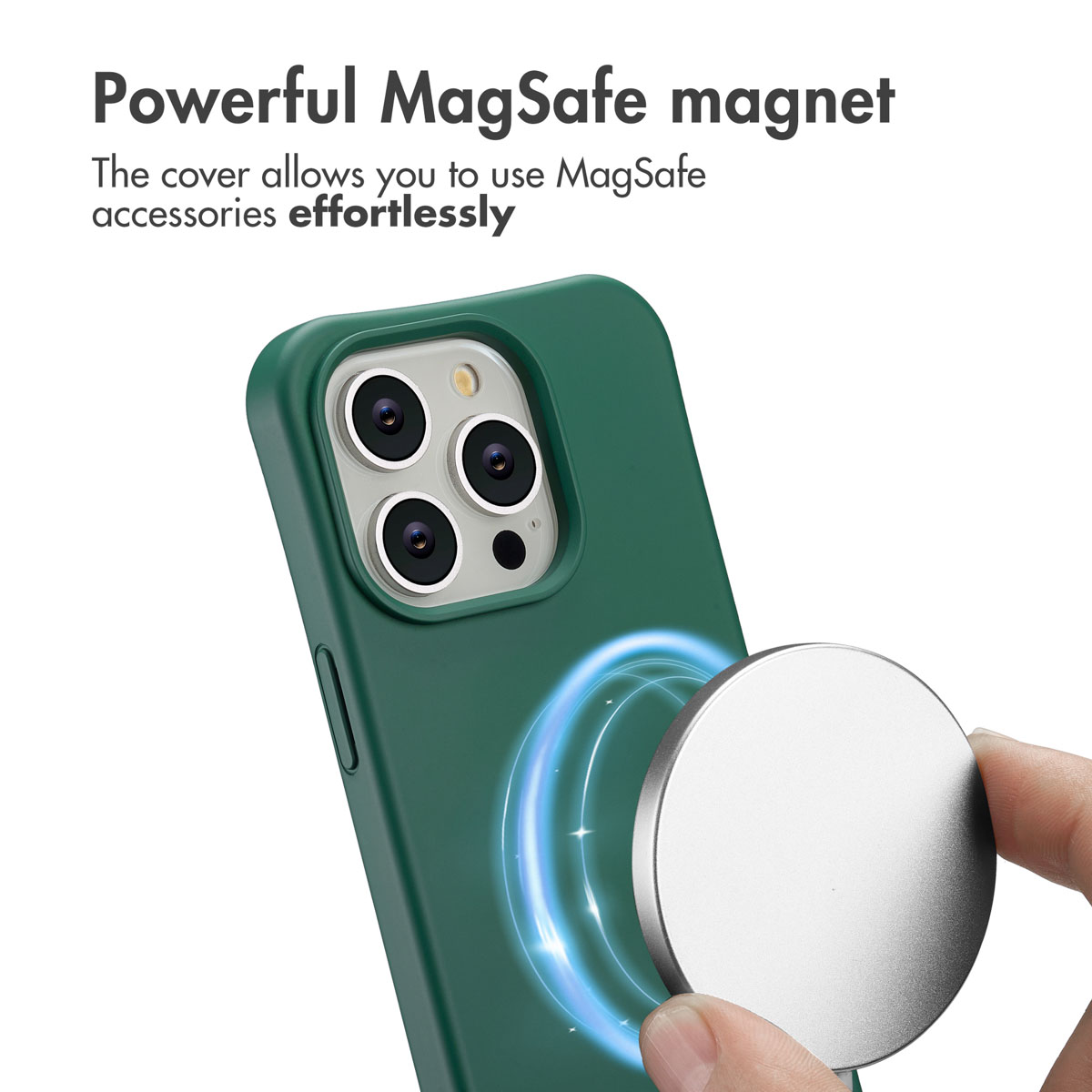 Handy in grüner Hülle mit starkem MagSafe-Magnet.