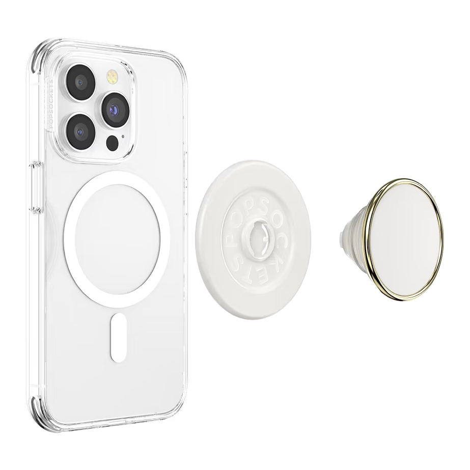 Transparente Handyhülle, runde Basis und weißer PopSocket mit goldenem Rand auf weißem Hintergrund.