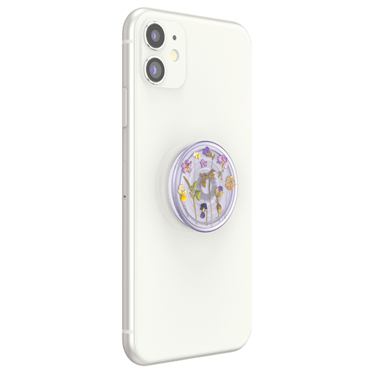Ein weißes Smartphone zeigt auf der Rückseite einen runden Halter mit eingegossenen Trockenblumen.