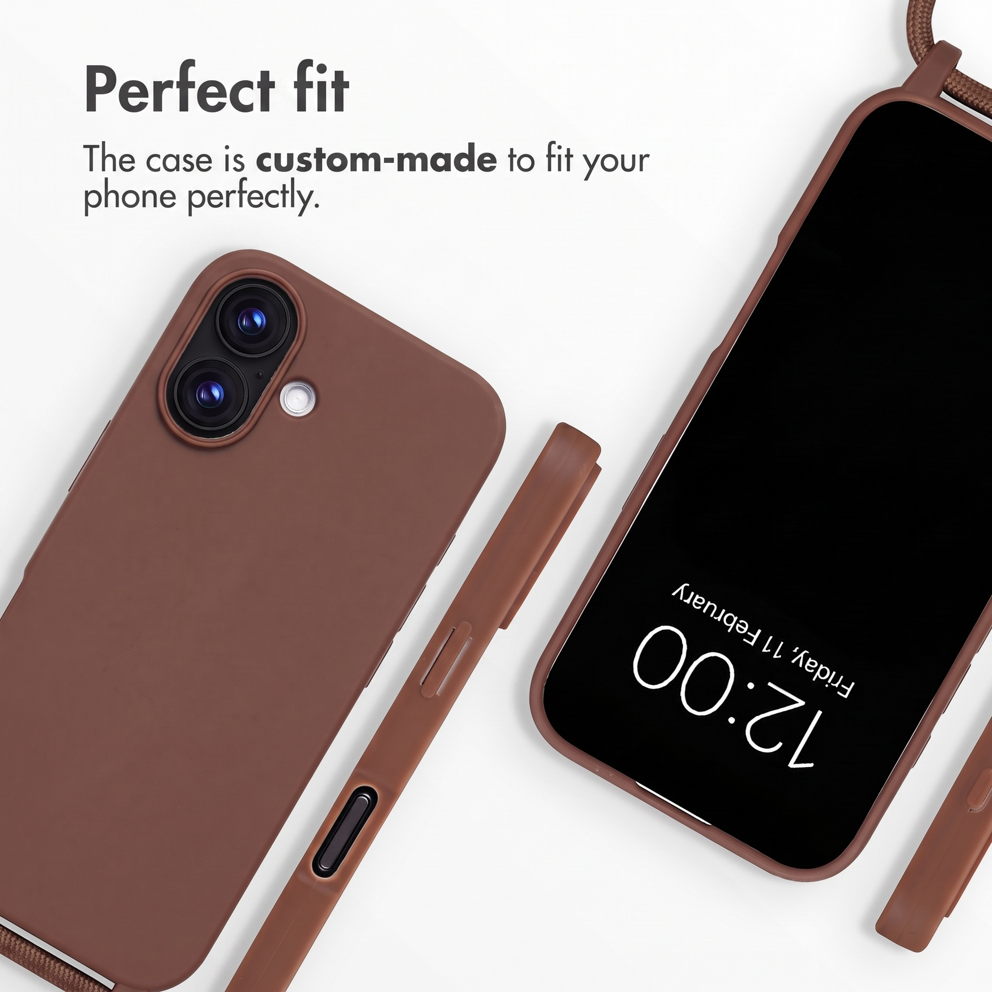 Braune Smartphone-Hülle auf weißem Hintergrund mit Text Perfect fit und Beschreibung.