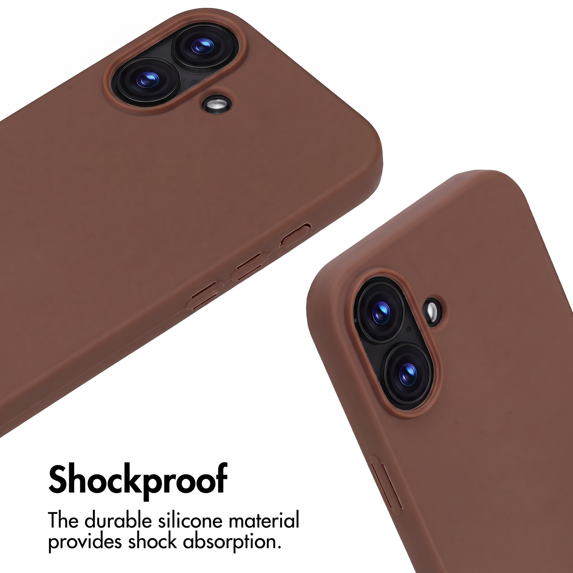 Zwei braune Smartphone-Hüllen aus Silikon mit Kameraausschnitt und Text zur Stoßfestigkeit.