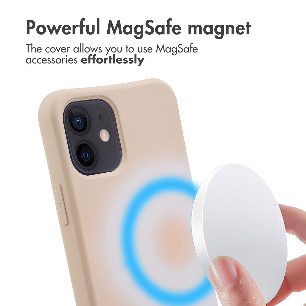 Handy in beiger Hülle mit MagSafe-Magneten und Zubehör.
