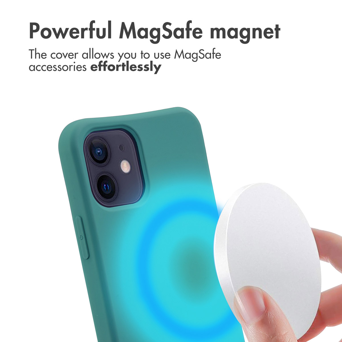 Ein grünes Smartphone mit MagSafe-Hülle und ein weißes Ladegerät, das in der Hand gehalten wird.