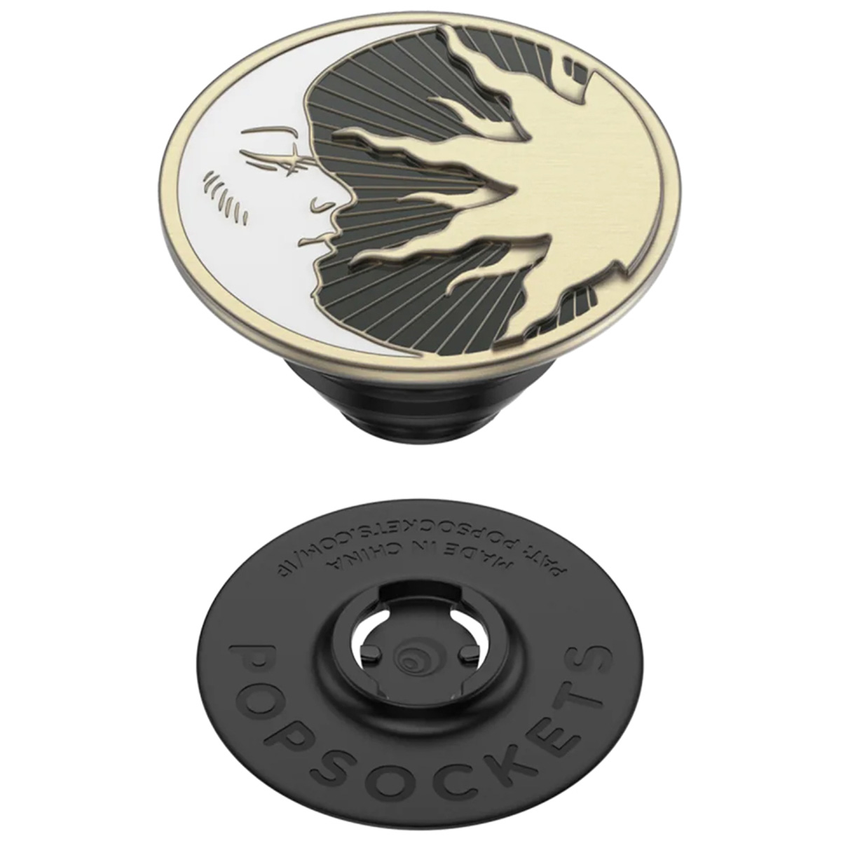 Ein runder PopSocket mit Sonnen- und Mondmotiv und ein passender schwarzer Sockel.