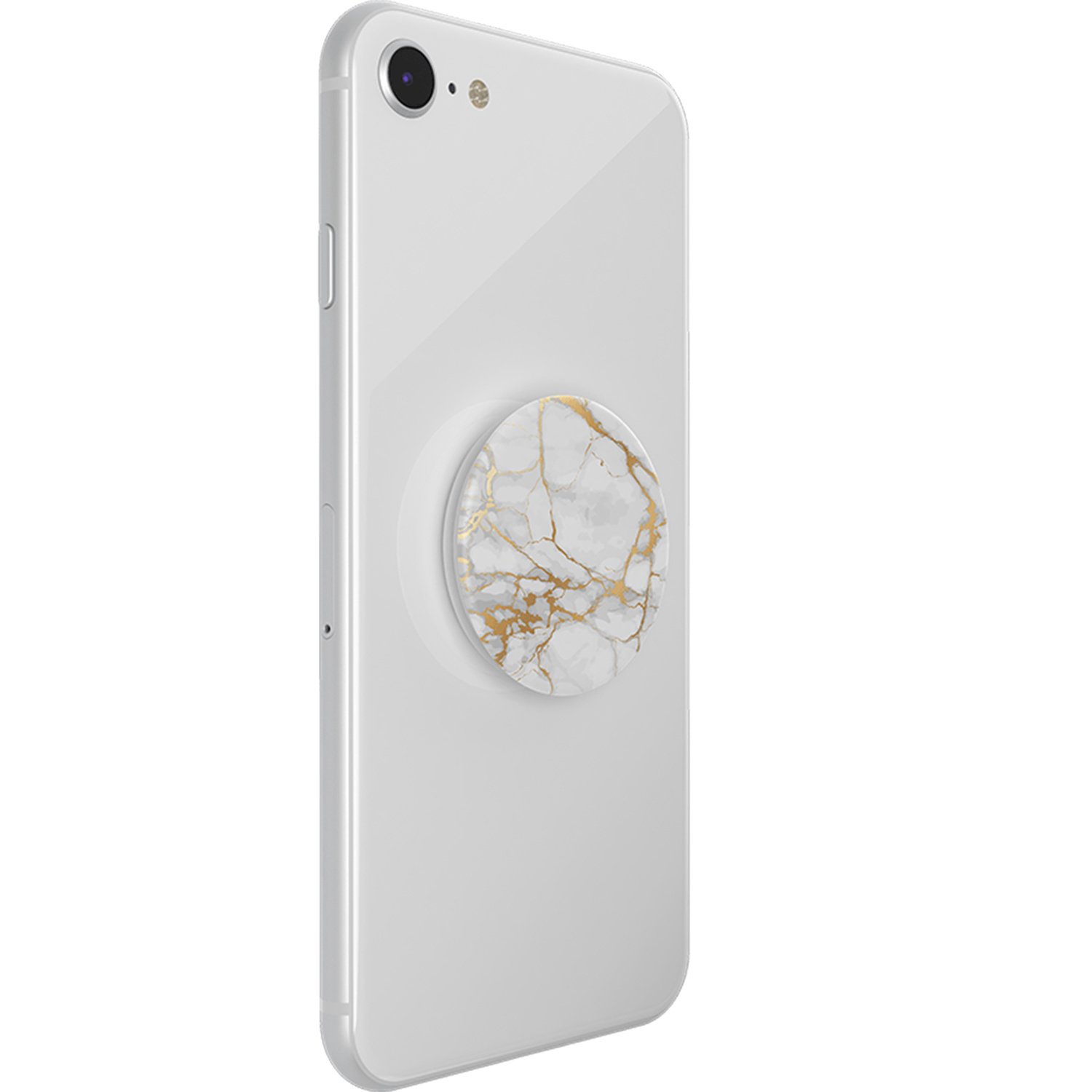 Un smartphone blanco con un soporte redondo de mármol blanco y dorado en la parte trasera.