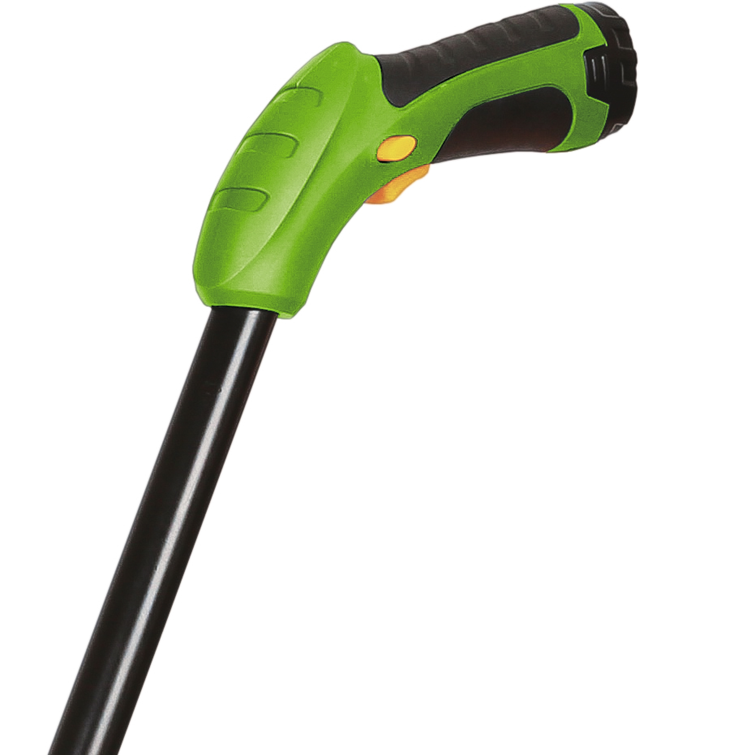 Ergonomischer grüner und schwarzer Griff mit einem gelben Auslöser an einem langen schwarzen Stab.