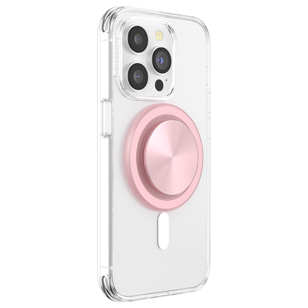 Transparente Smartphone-Hülle mit einem runden, rosa Ringhalter auf der Rückseite.