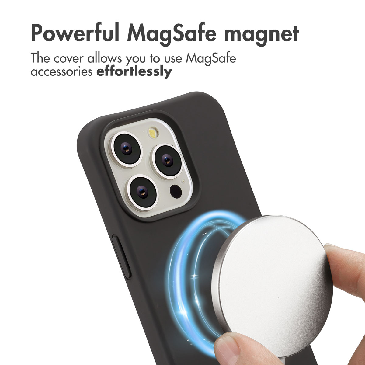 Handyhülle mit starkem MagSafe-Magnet und einem runden Ladegerät.