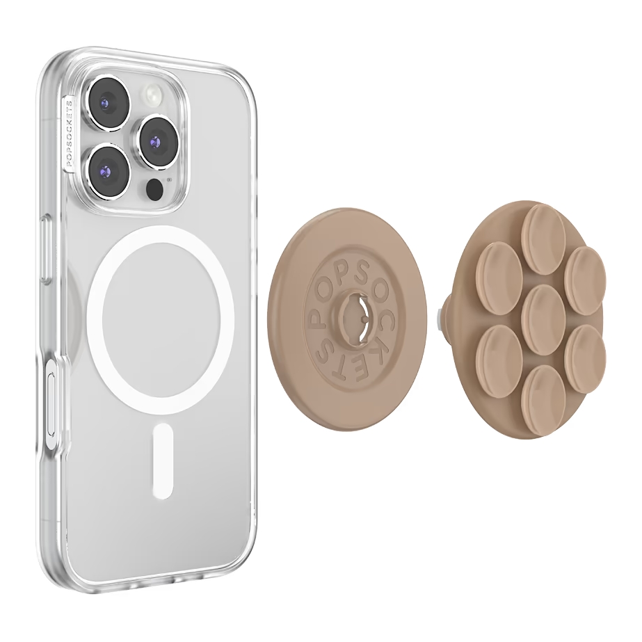 Transparente Handyhülle mit MagSafe-Ring und zwei beigefarbenen Popsockets-Aufsätzen auf weißem Hintergrund.