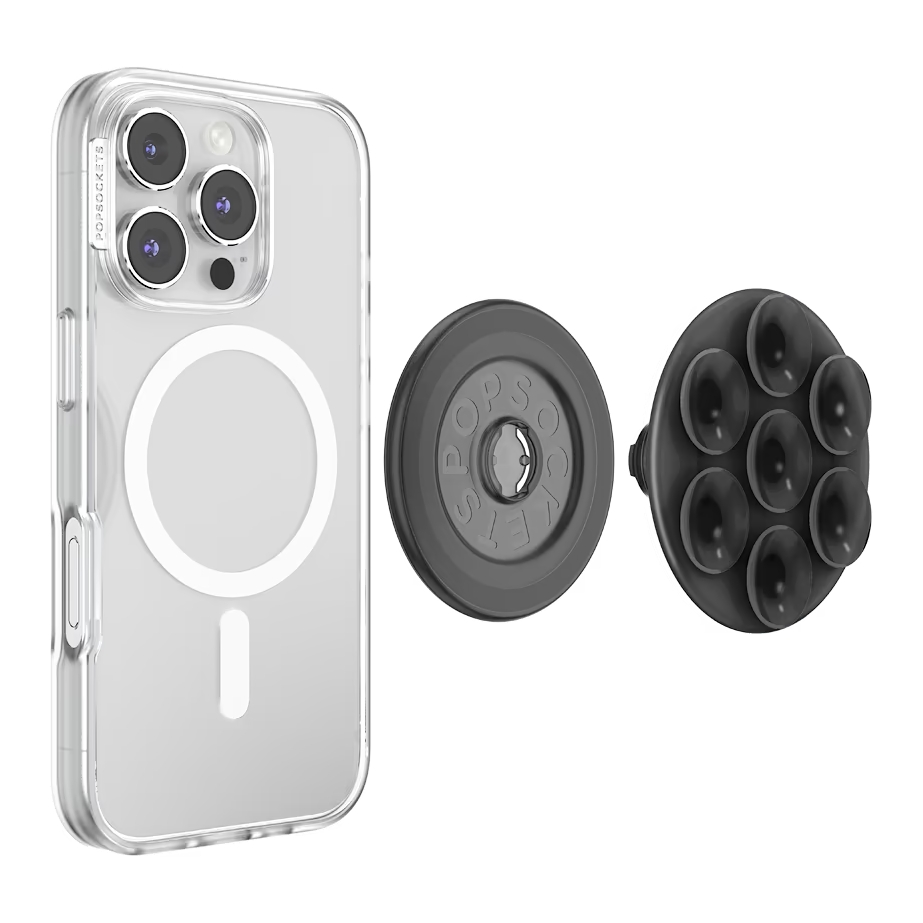 Eine transparente iPhone-Hülle mit MagSafe-Ring und zwei austauschbaren schwarzen Halterungen auf weißem Hintergrund.