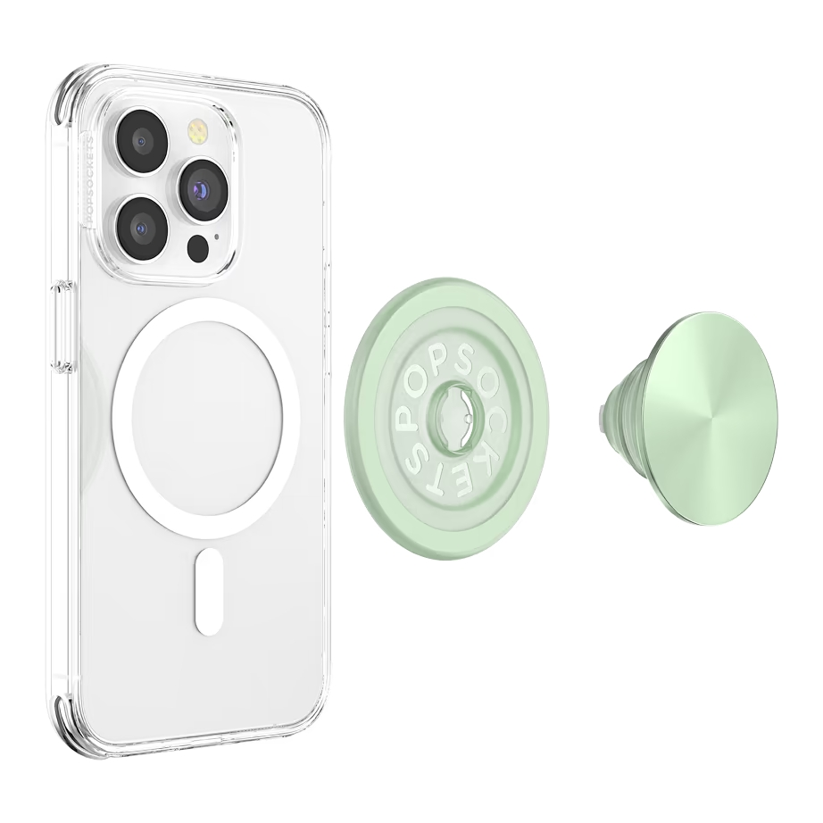 Klare iPhone-Hülle mit einem runden, mintgrünen PopSocket-Grip auf weißem Hintergrund.