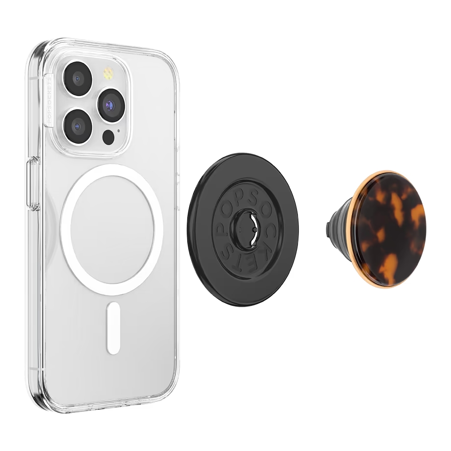 Funda transparente para teléfono, adaptador negro y un soporte popsocket con patrón marrón y negro.
