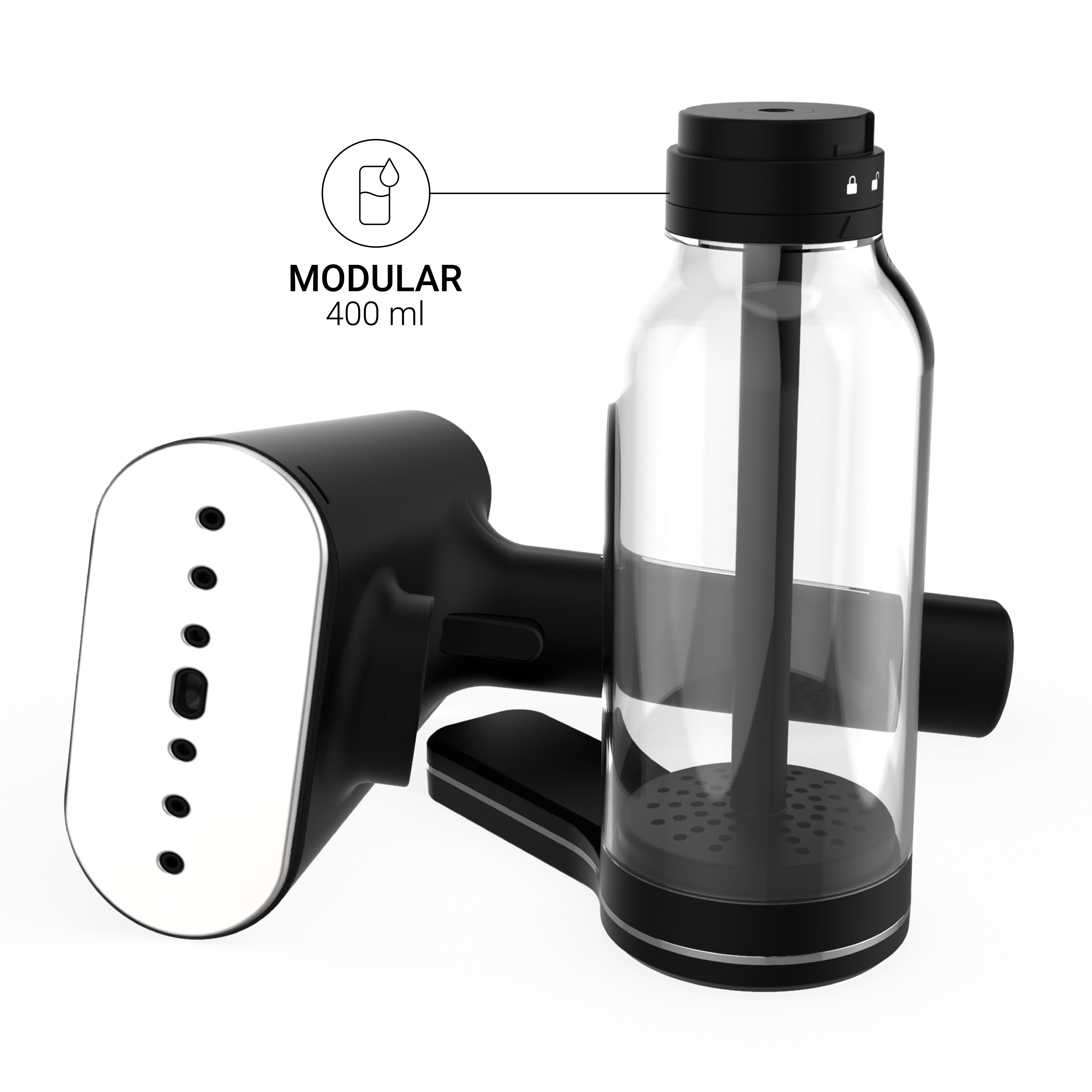 Indumento a vapore portatile modulare da 400 ml con design nero e serbatoio d'acqua trasparente.
