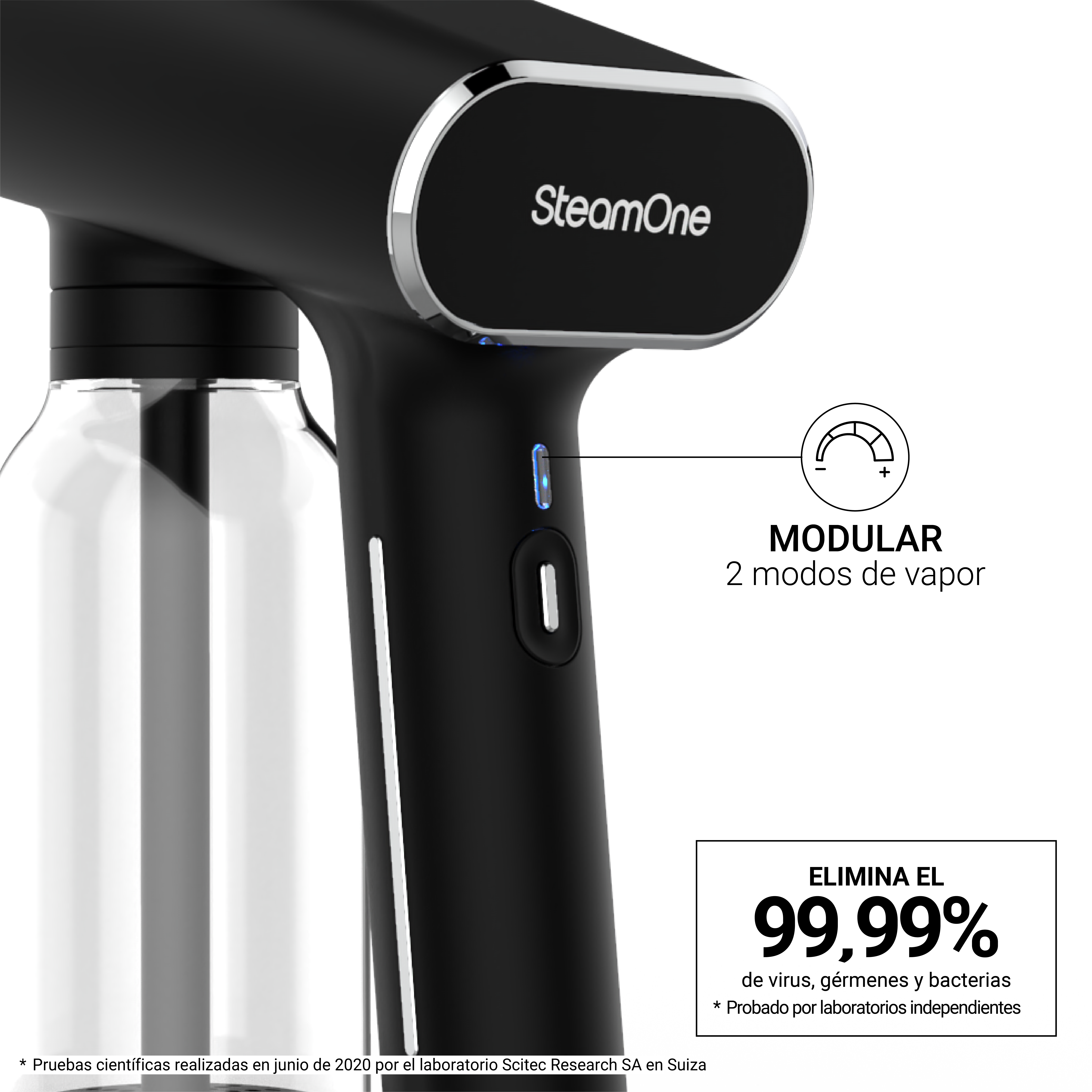 Un vaporizzatore per indumenti SteamOne nero con serbatoio trasparente e 2 modalità di vapore.