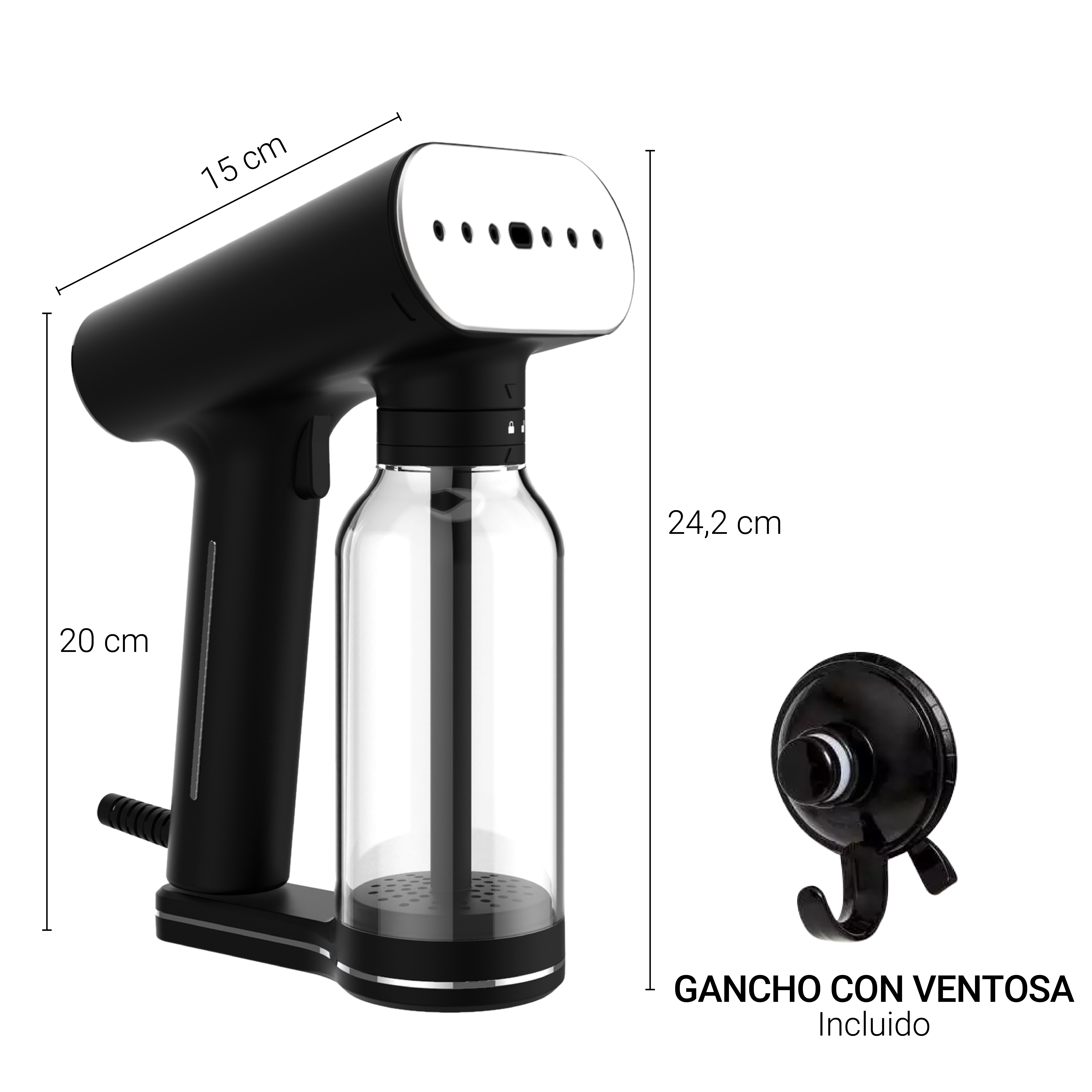 Un vaporizzatore per abiti nero con dimensioni e gancio a ventosa incluso.