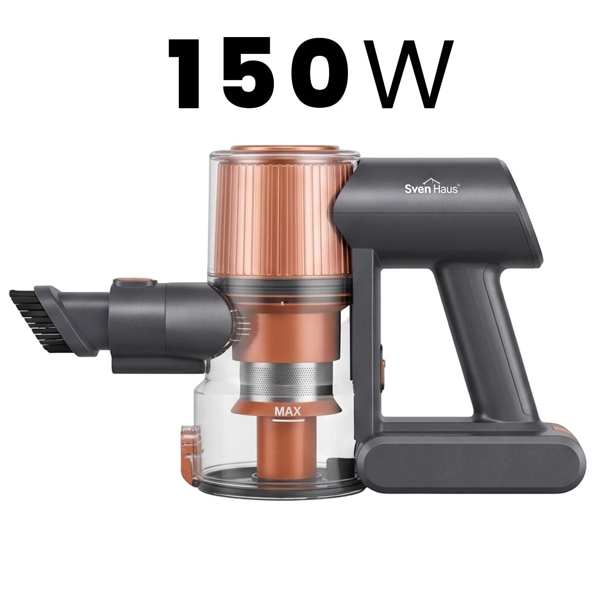 Un aspirapolvere senza fili grigio con serbatoio color rame e la scritta 150W sopra.
