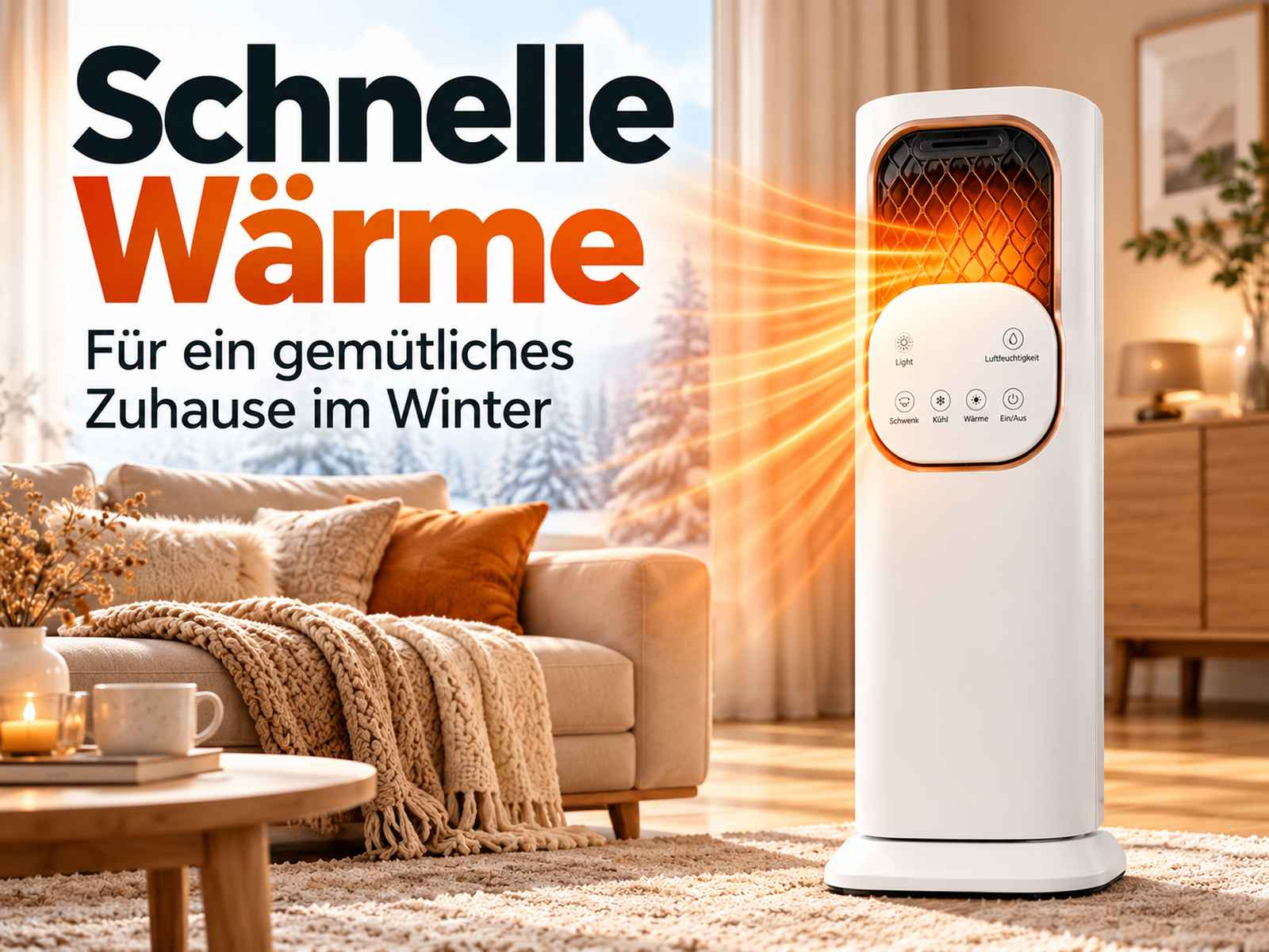Ein weißer Heizlüfter steht im Wohnzimmer und strahlt orangefarbene Wärme aus, mit Text im Hintergrund.