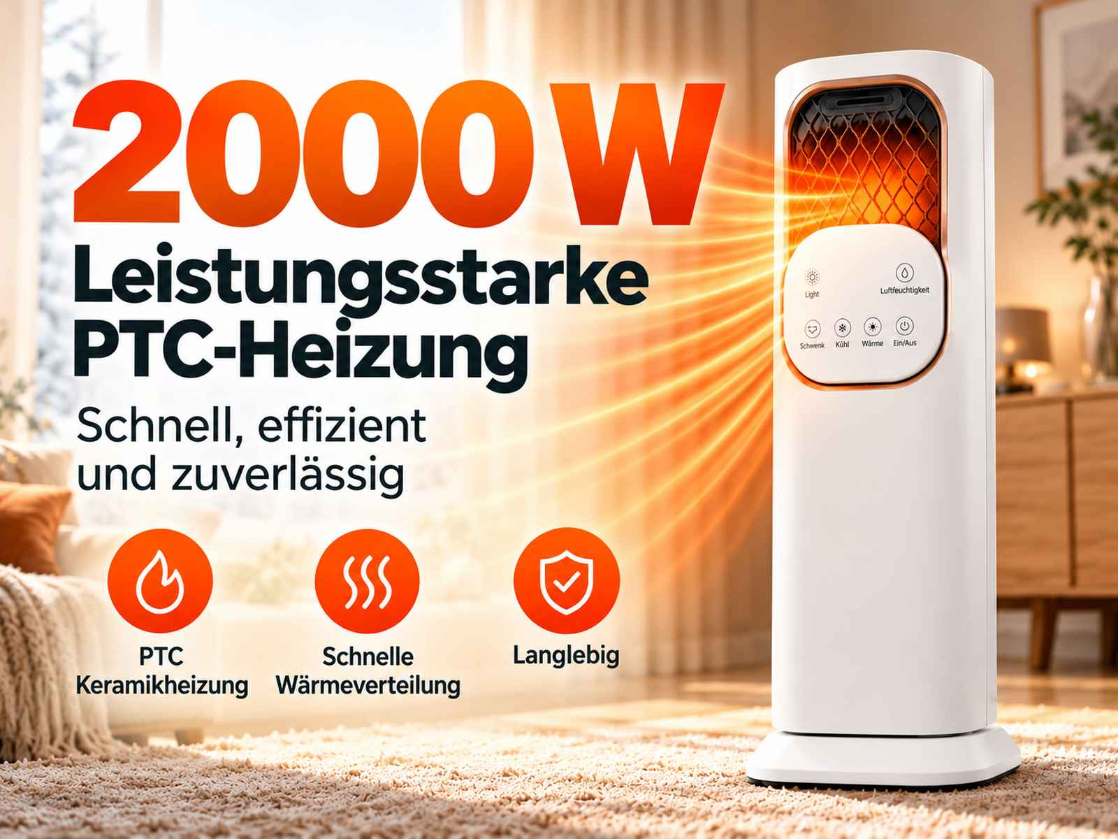 Weißer PTC-Turmheizer mit orangefarbenem Heizelement, Text 2000W und Icons in einem Wohnzimmer.