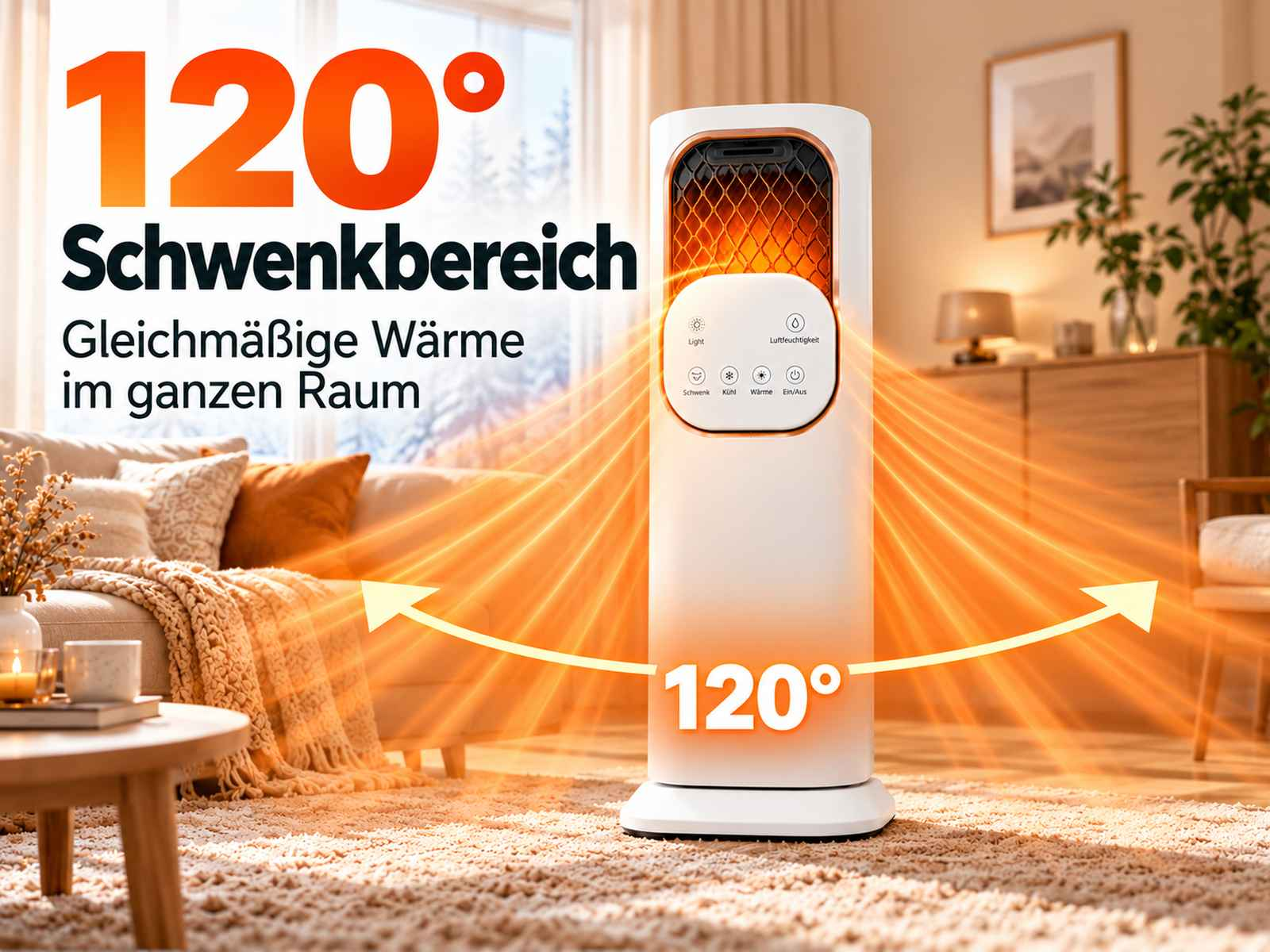 Ein weißer Turmventilator mit 120-Grad-Schwenkbereich verteilt warme Luft in einem gemütlichen Wohnzimmer.