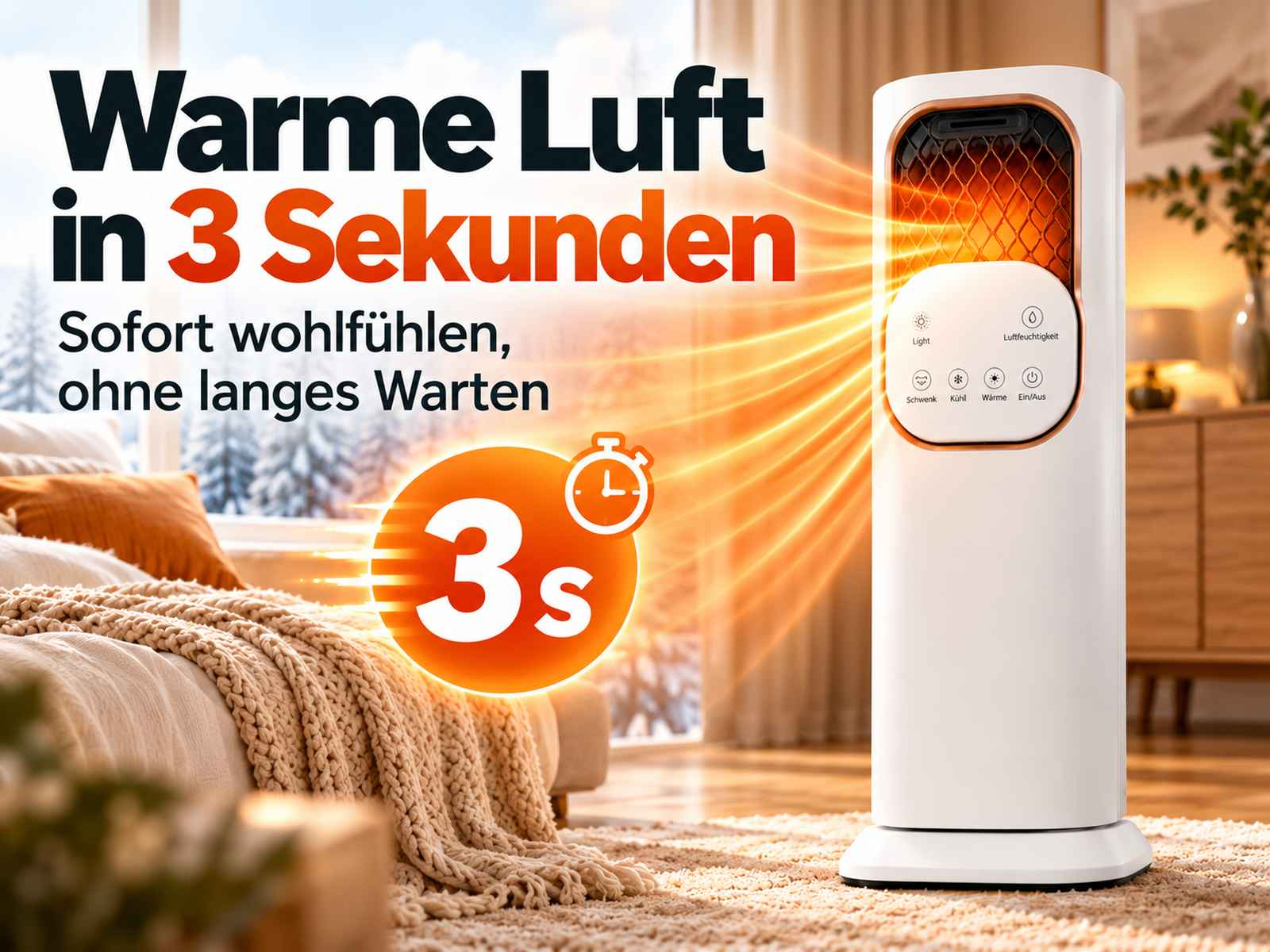 Ein weißer Turmheizer in einem gemütlichen Zimmer strahlt warme Luft und Licht aus, mit Textoverlays.