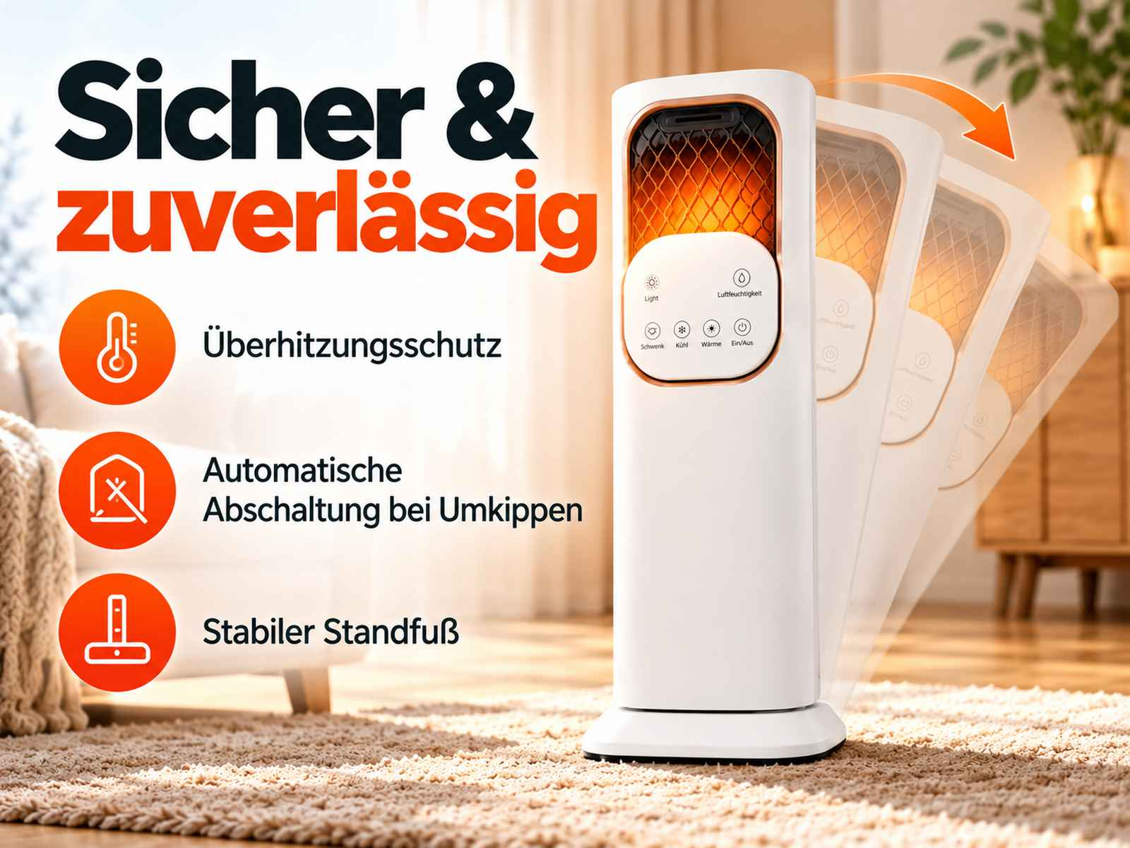 Sicherer, weißer Oszillationsheizer mit Touch-Bedienfeld und Sicherheitsfunktionen in einem Wohnzimmer.