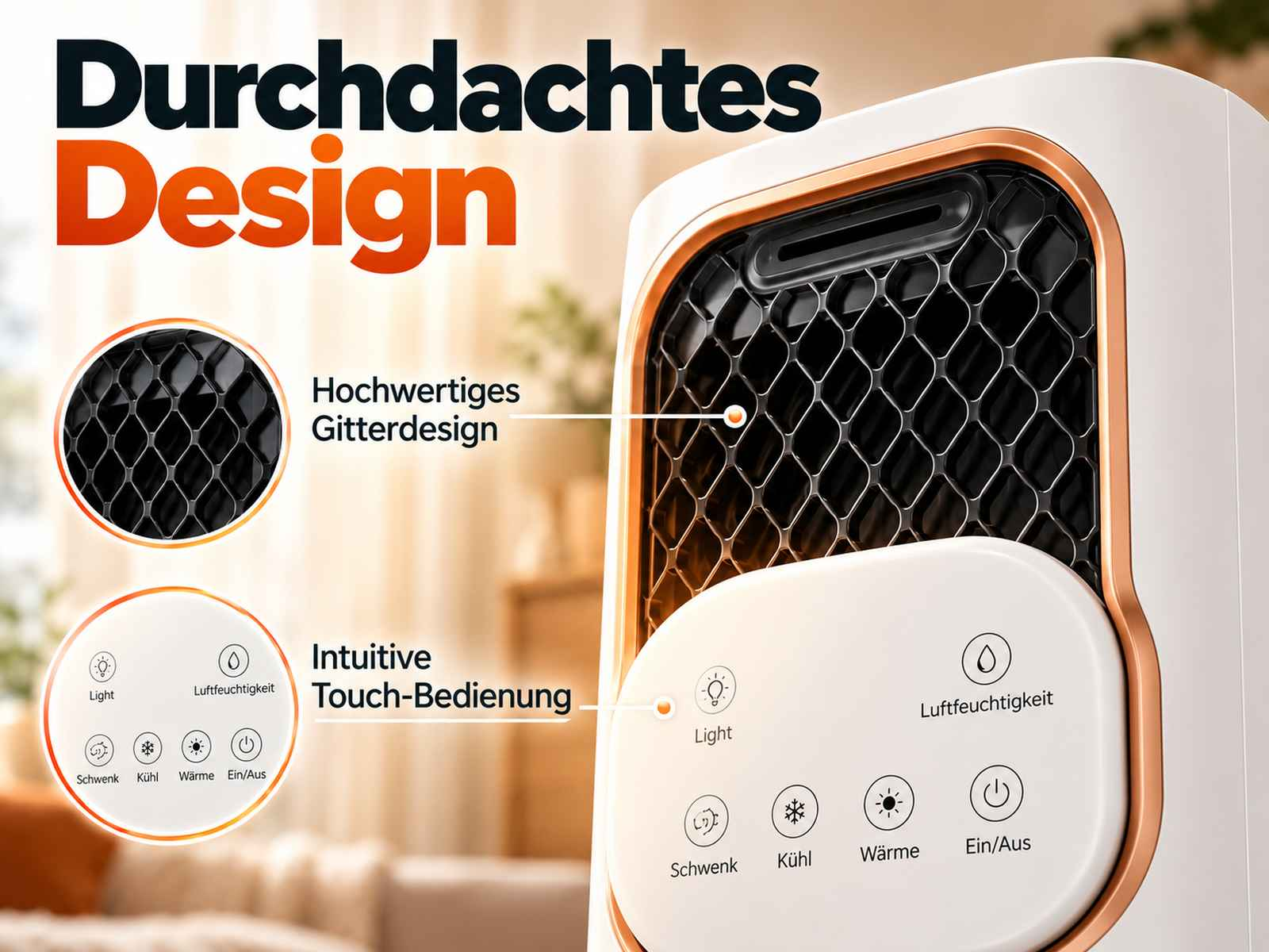 Weißer Luftkühler mit roségoldenem Akzent, Touch-Bedienfeld und Wabengitter.