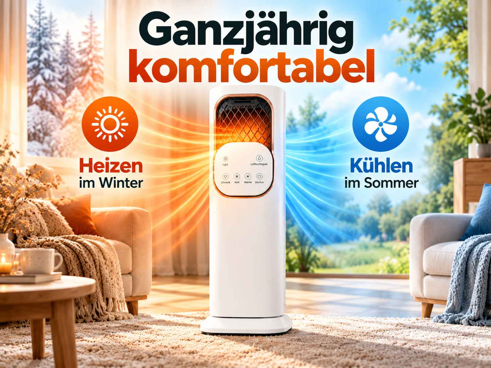 Ein weißer Turmventilator mit Heiz- und Kühlfunktion steht in einem Wohnzimmer.