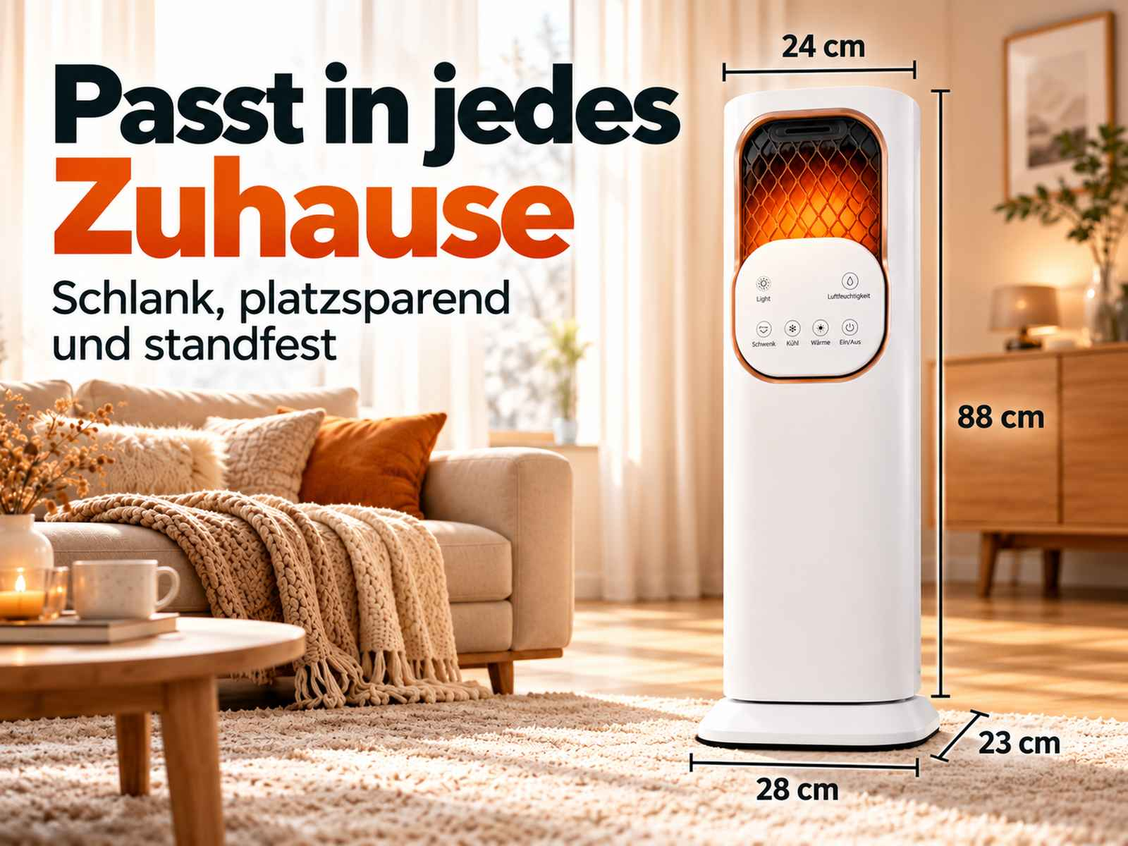 Weißer Turmheizer in einem Wohnzimmer mit Maßen von 88x28x23 cm und deutscher Textüberlagerung.