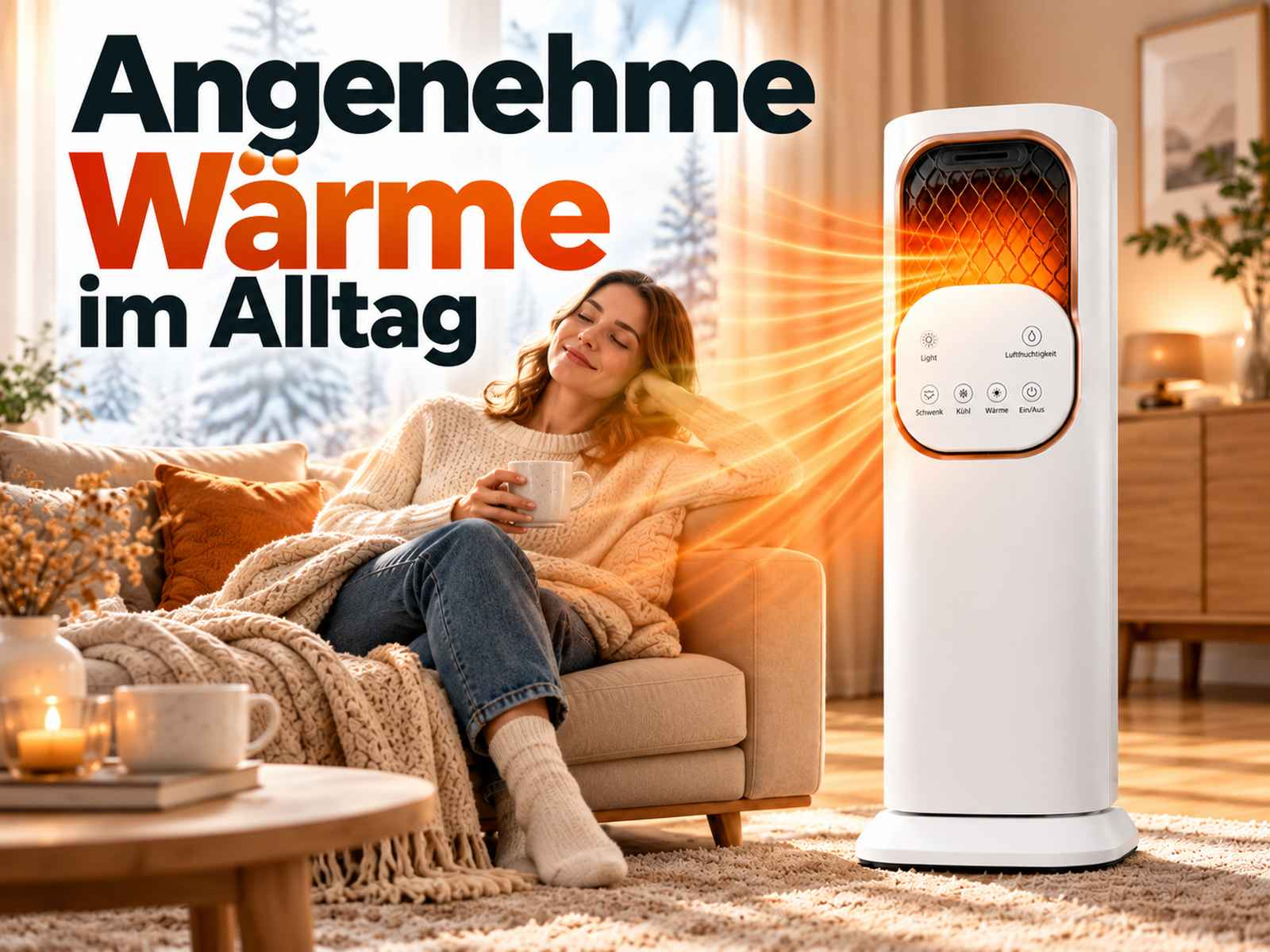 Eine Frau sitzt gemütlich auf dem Sofa und genießt die Wärme eines modernen Heizlüfters im Raum.