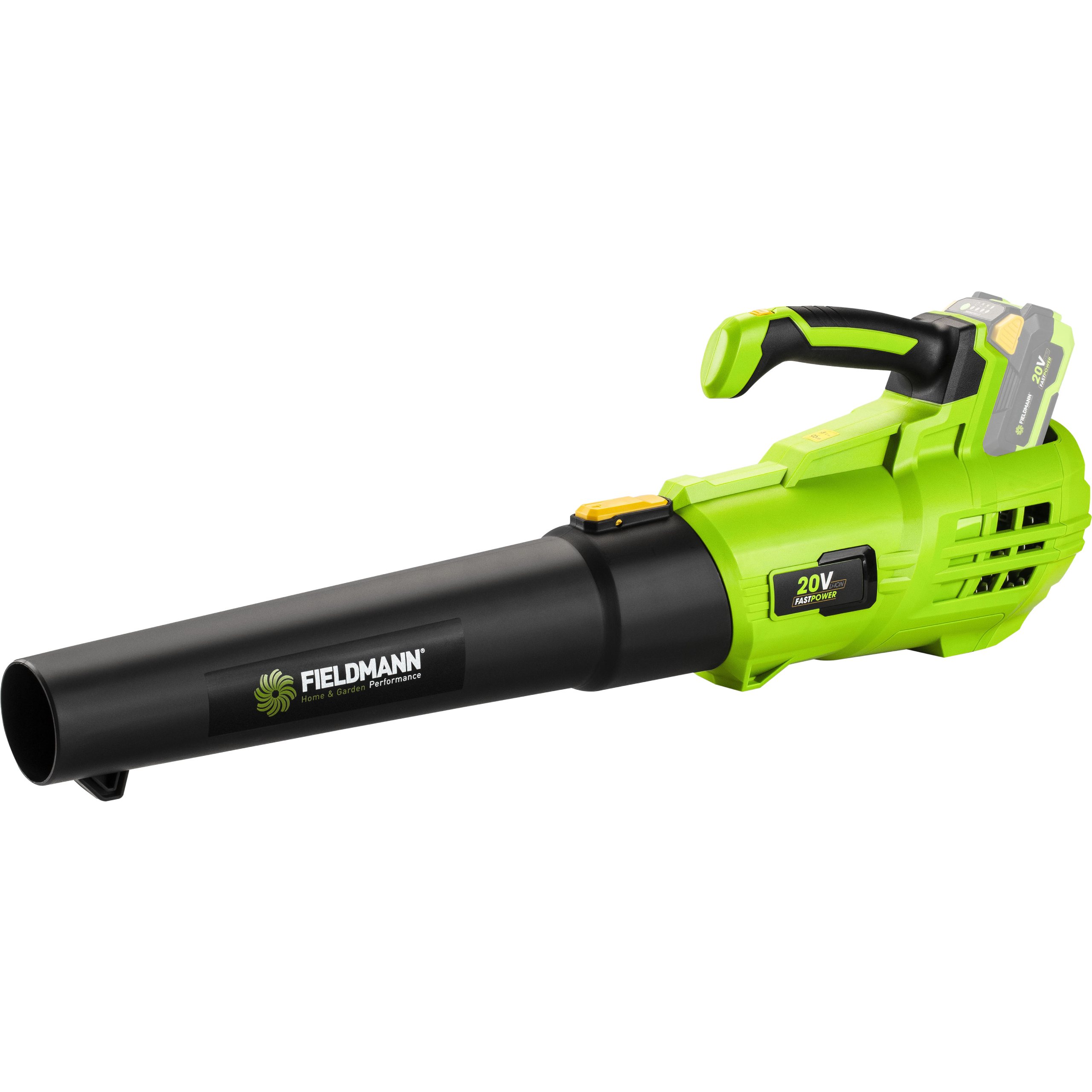 Grüner und schwarzer Akku-Laubbläser mit 20V Fastpower auf weißem Hintergrund.