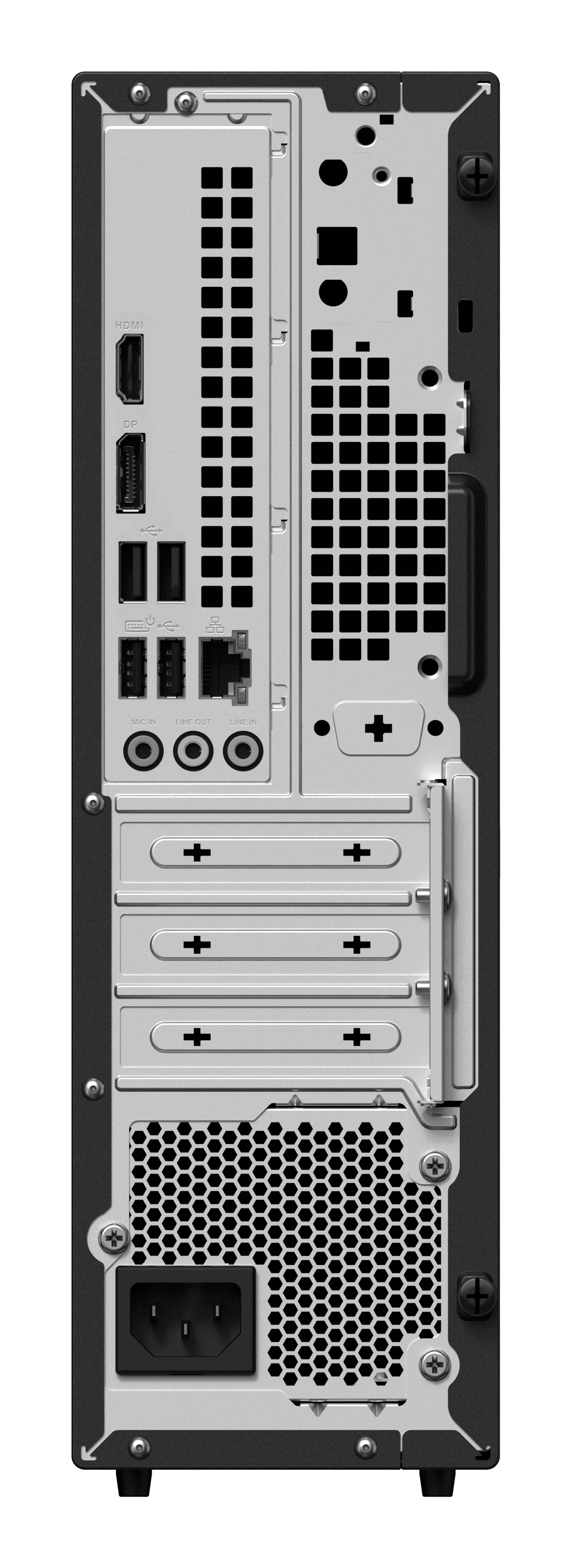 Pannello posteriore di un PC desktop con porte HDMI, USB, Ethernet, jack audio e alimentatore.