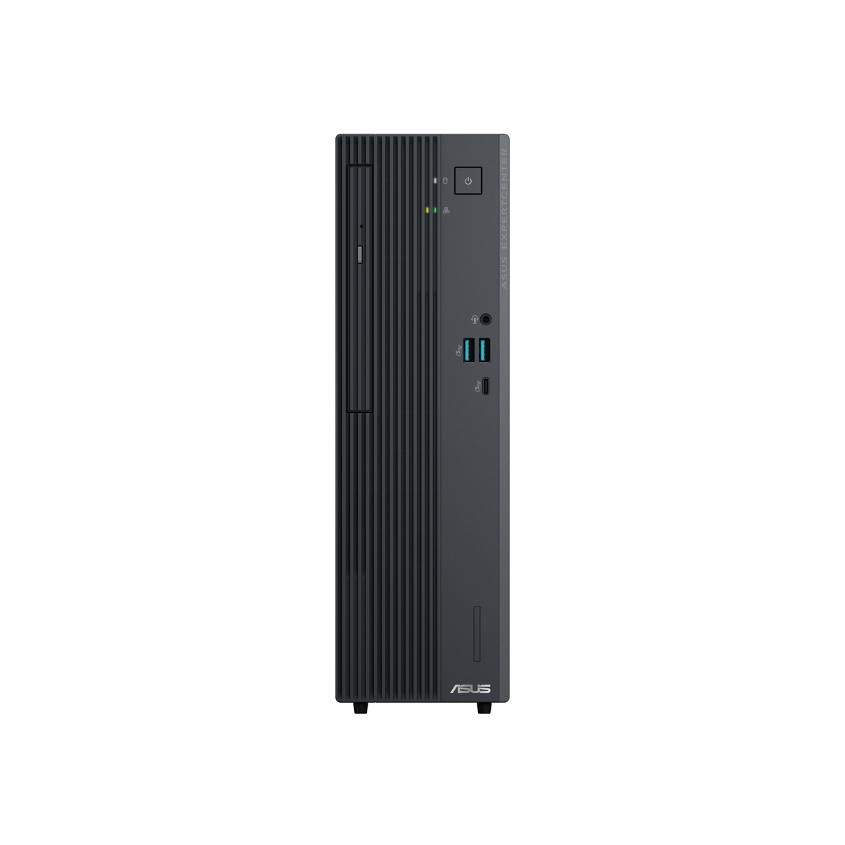 Vista frontale di un tower PC desktop slim Asus ExpertCenter nero su sfondo bianco.