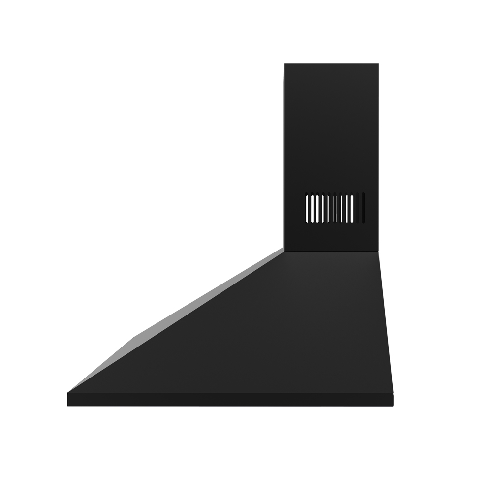 Una cappa da cucina nera opaca dal design moderno e angolare su sfondo bianco.