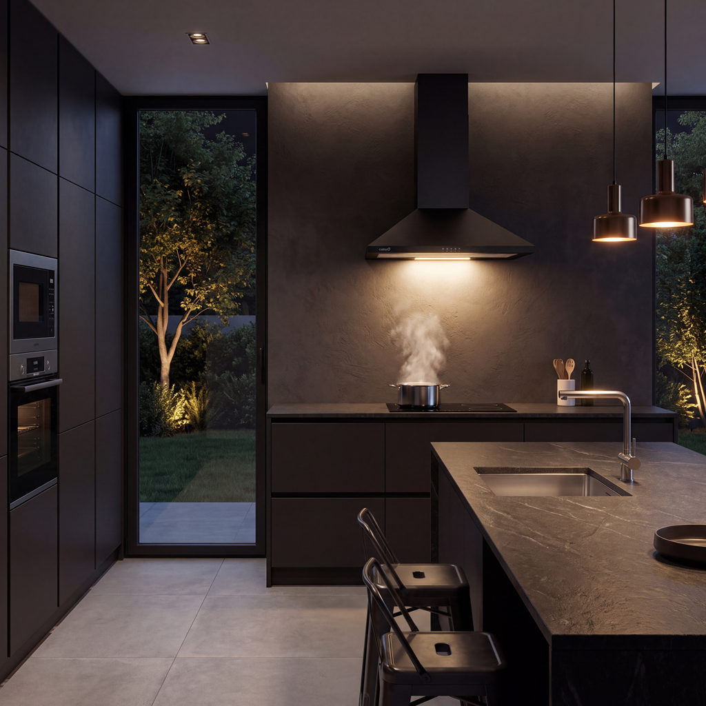 Moderna cucina scura con piano cottura illuminato, grande isola e vista sul giardino notturno.