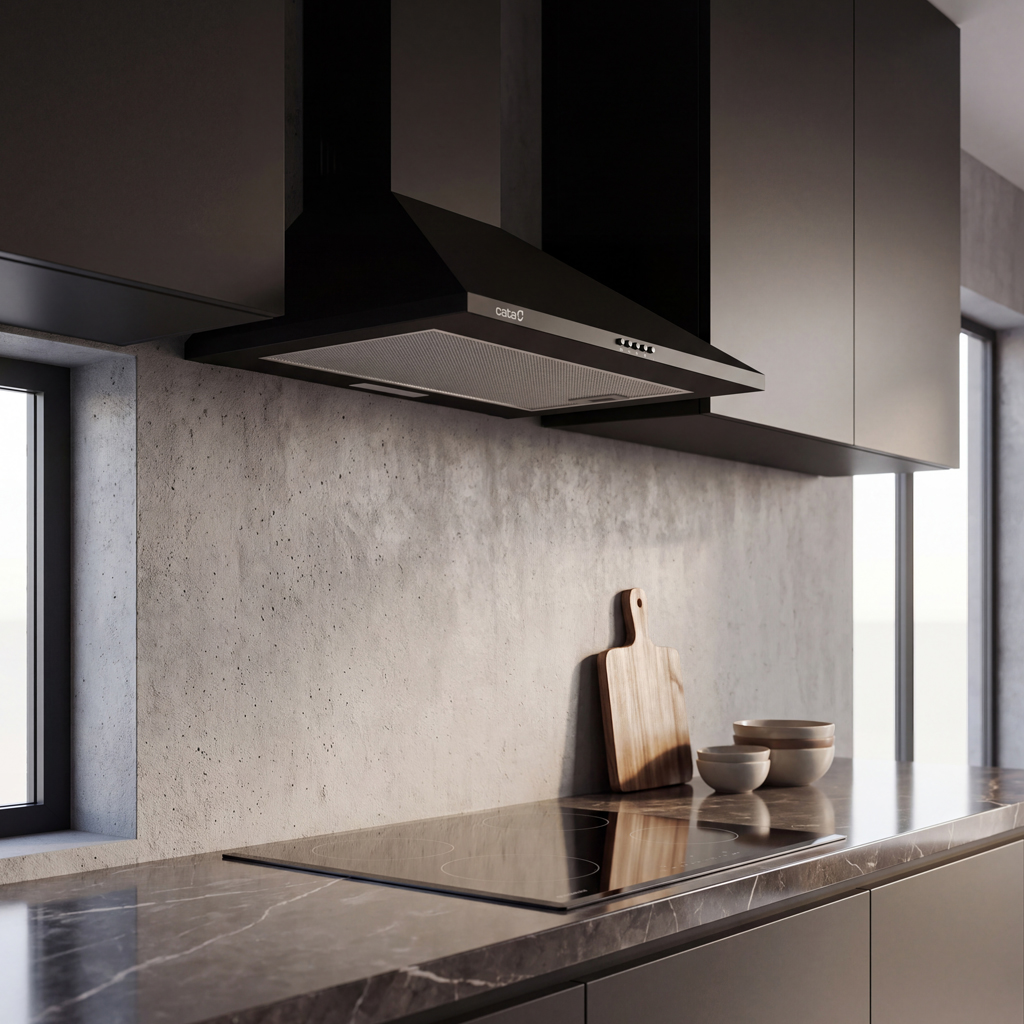 Moderna cucina con cappa nera, piano cottura, tagliere in legno e ciotole su un piano di lavoro in marmo.