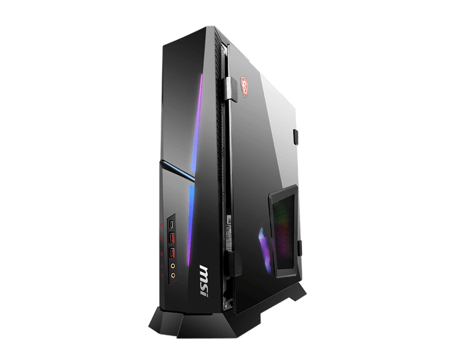 Czarna wieża komputera gamingowego MSI z oświetleniem RGB i szklanym panelem bocznym.
