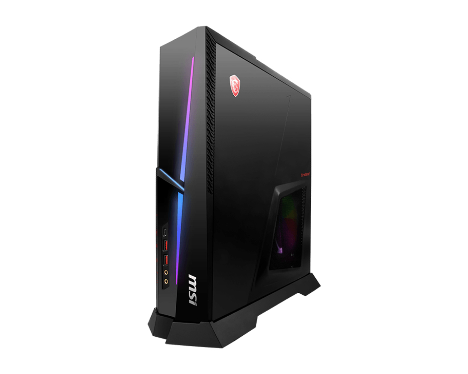 Czarna wieża PC dla graczy MSI z podświetleniem RGB na stojaku na białym tle.