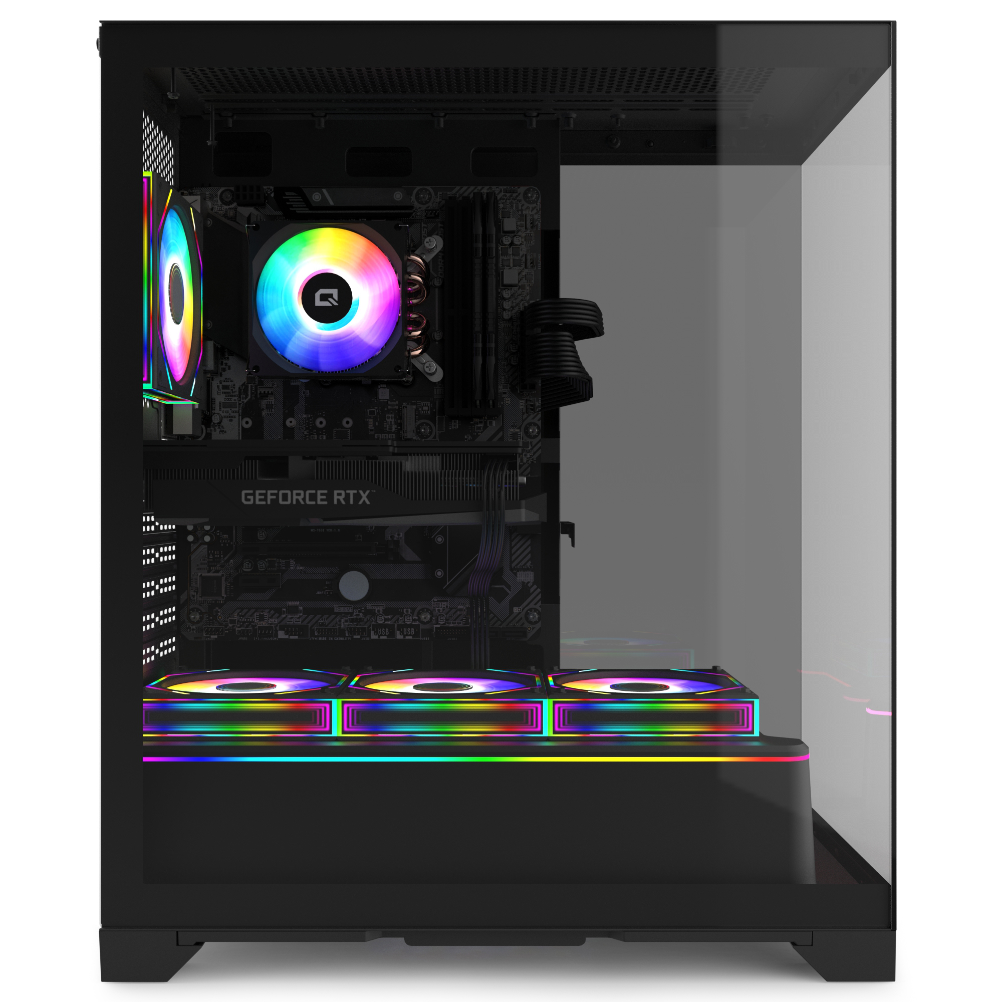 Cam yan kapaklı bir PC kasası, ekran kartı, RGB fanlar ve renkli aydınlatmalı ana kart gösteriyor.