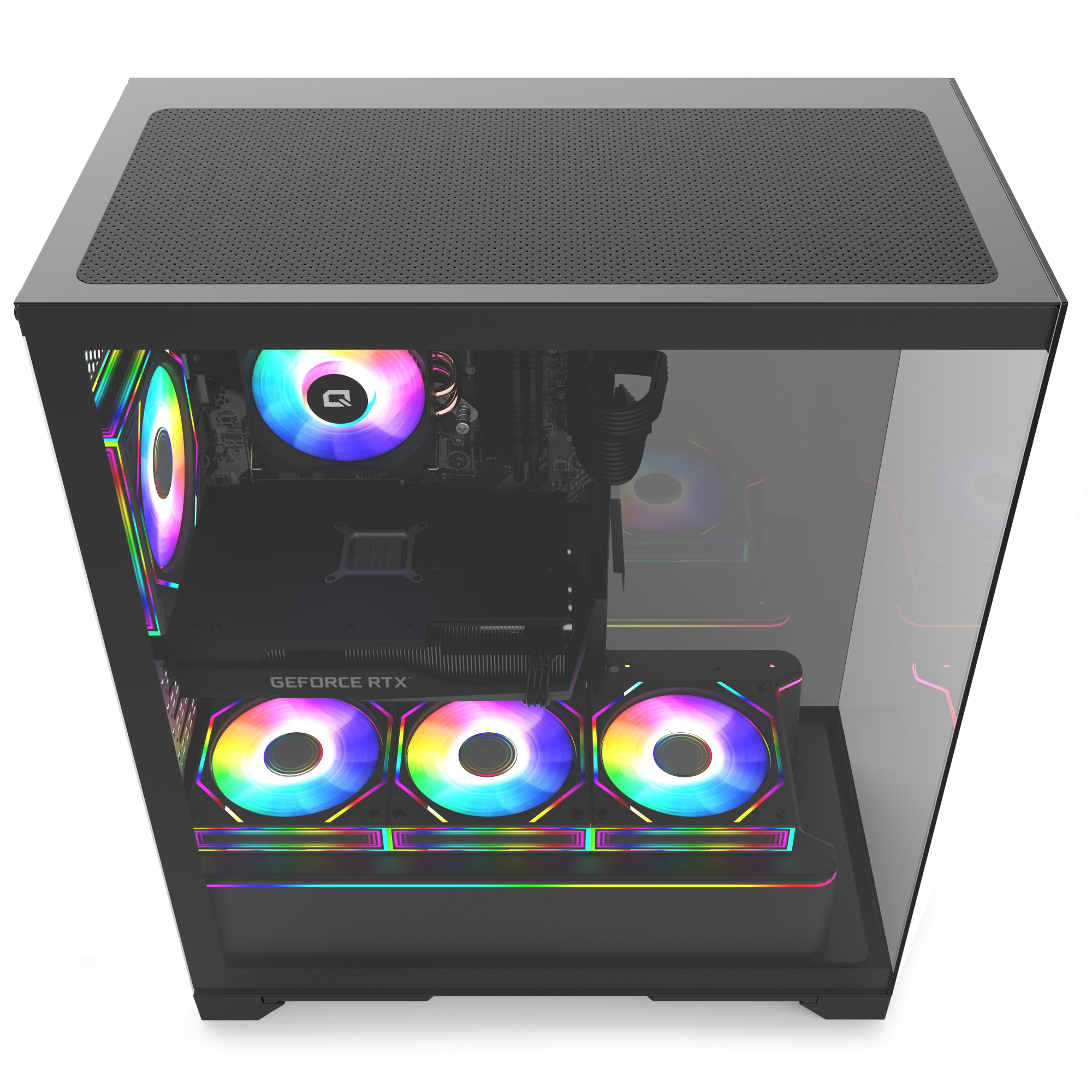 Cam yan panelli siyah oyuncu kasası, gökkuşağı RGB fanlarla aydınlatılmış iç bileşenleri gösteriyor.
