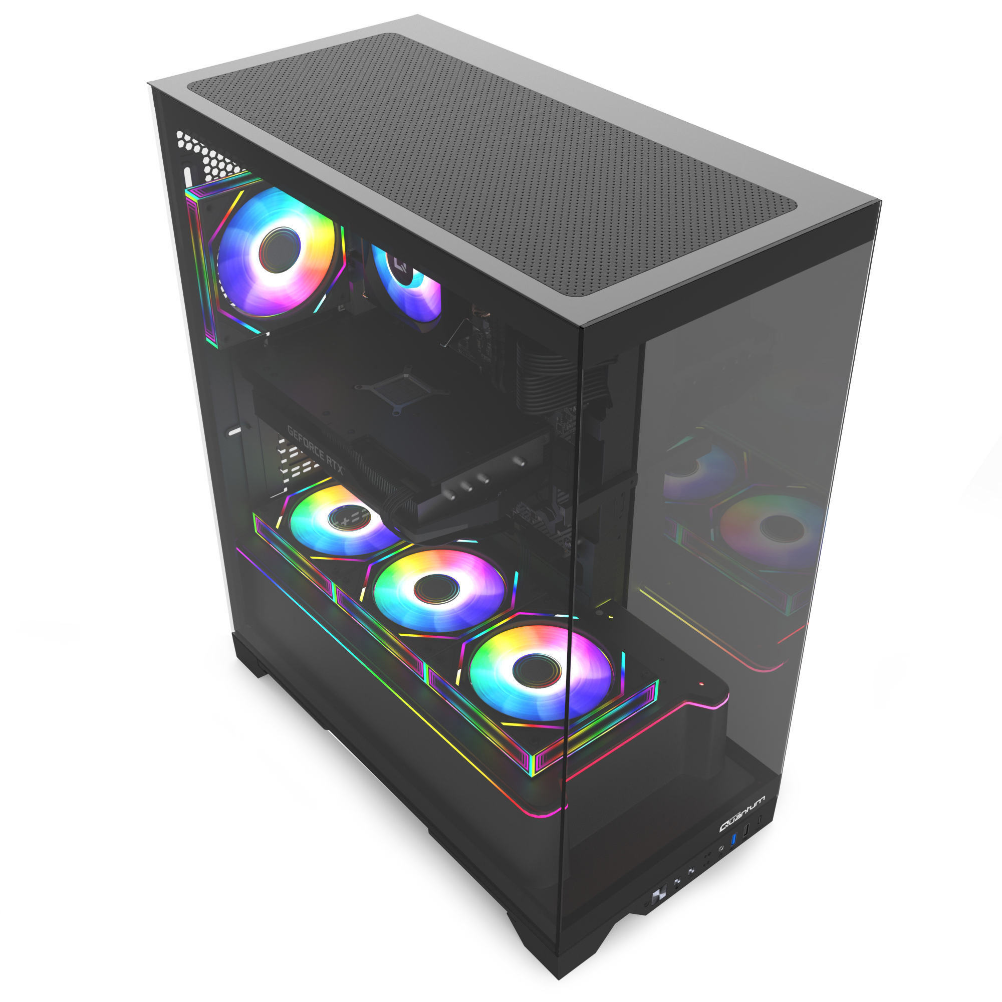 Beyaz arka planda cam yanlara ve renkli RGB fanlara sahip siyah bilgisayar kasası.