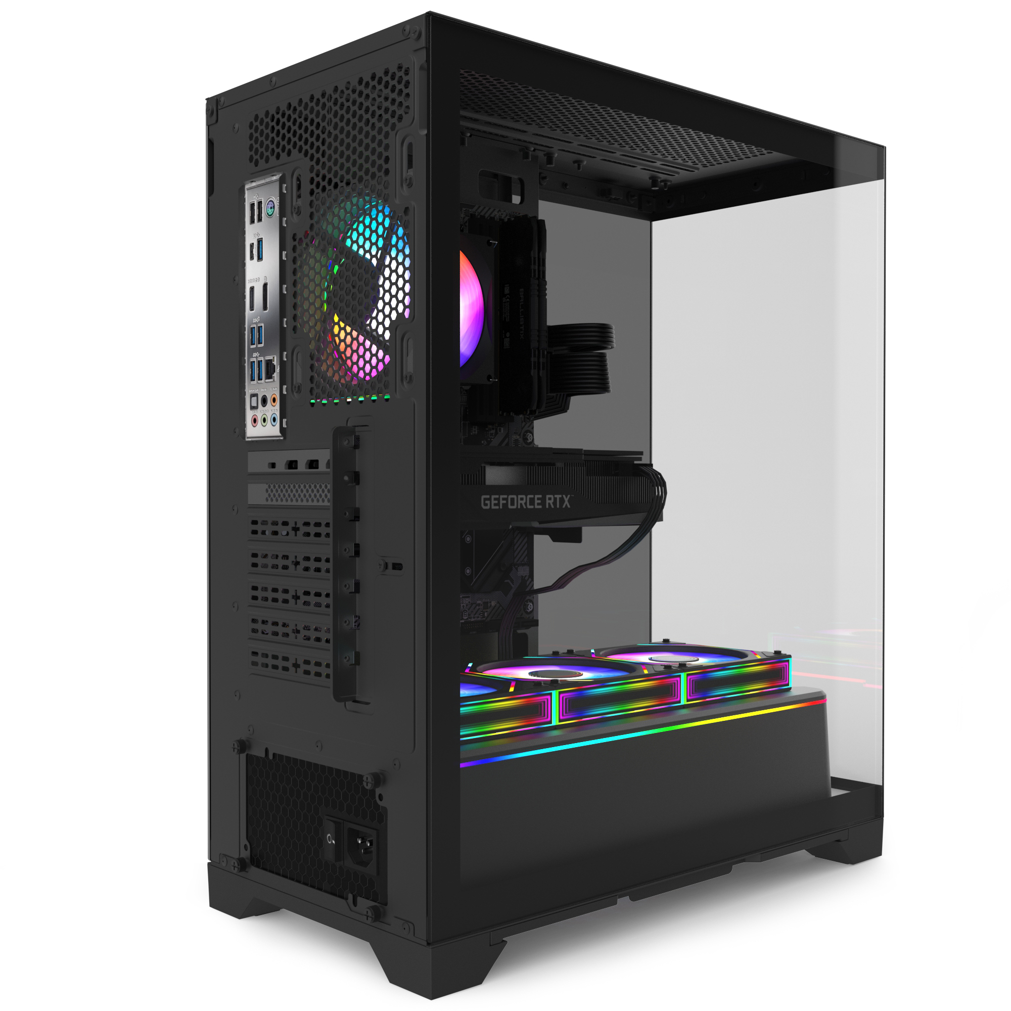 RGB fanlı ve cam yan panelli siyah bilgisayar kasası.