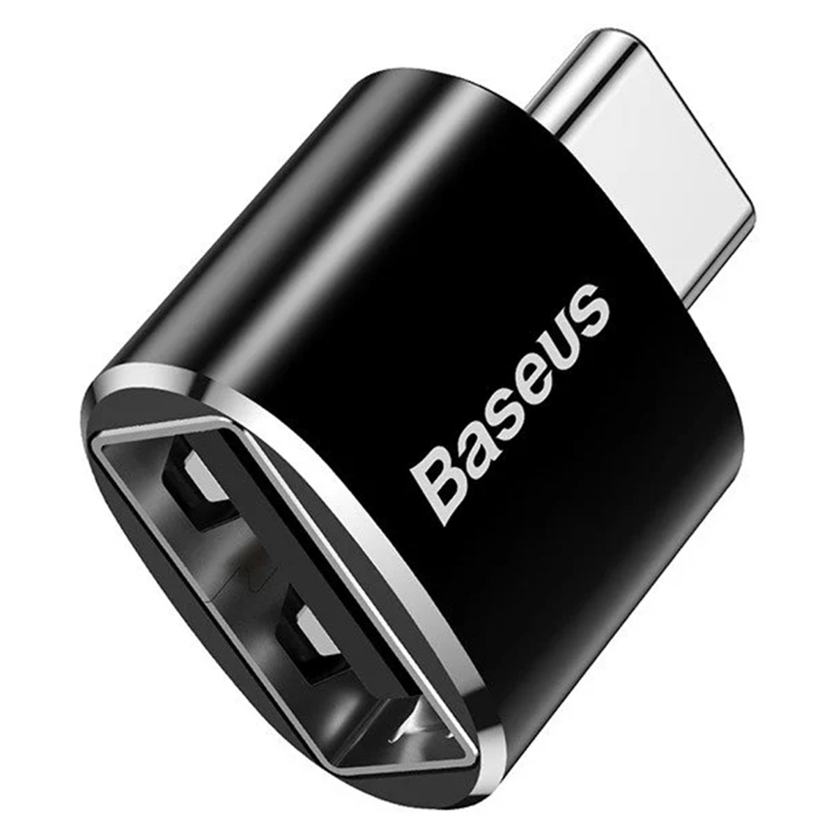 A black Baseus USB-C to USB-A adapter on a white background.