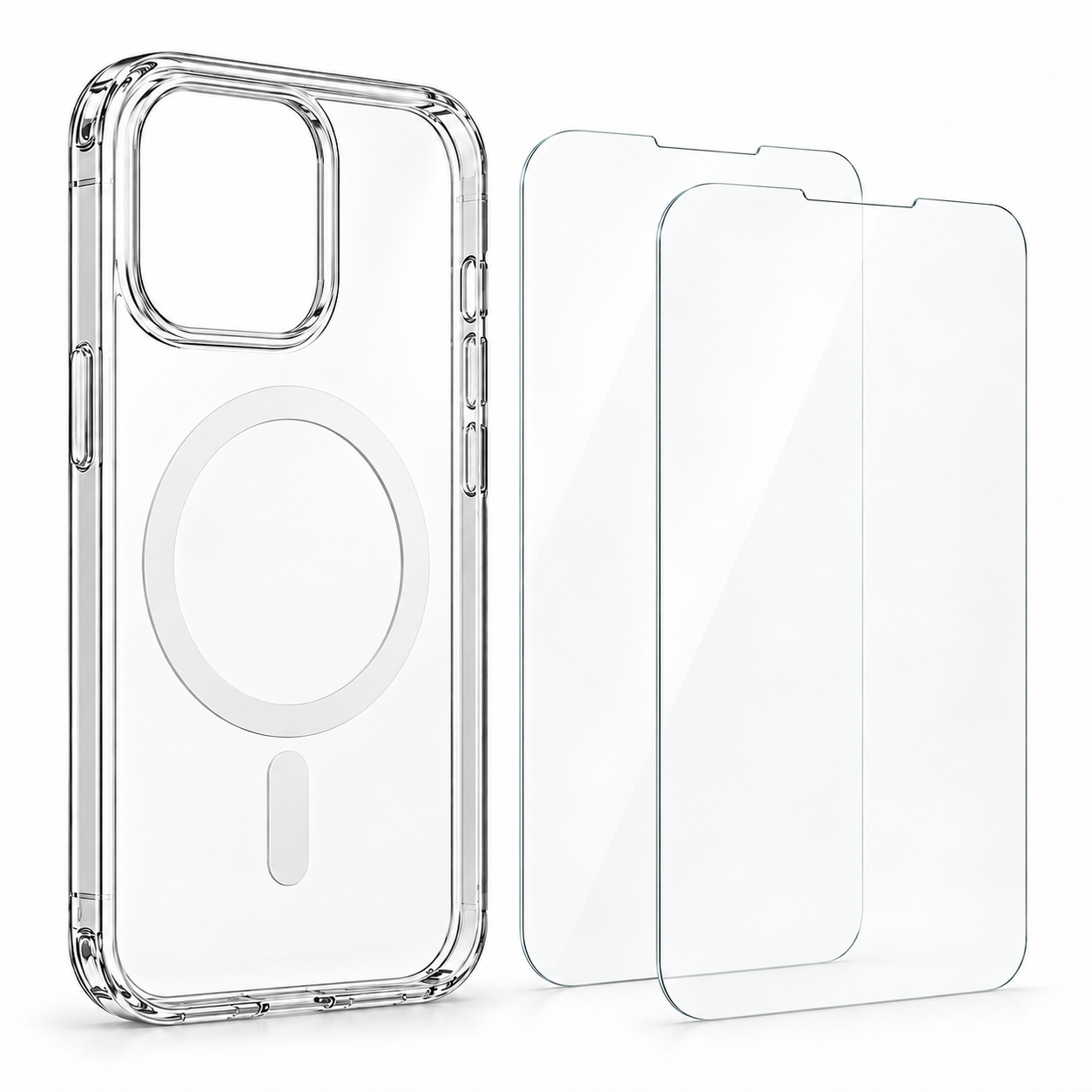 Transparente Handyhülle mit MagSafe und zwei Schutzgläsern.