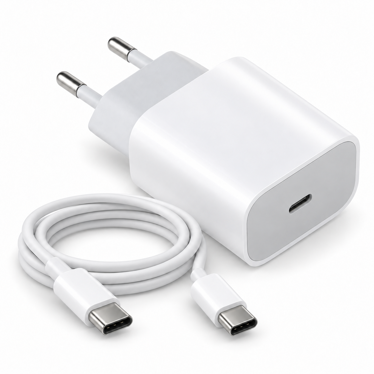 Ein weißes USB-C-Ladegerät mit EU-Stecker und ein zusammengerolltes weißes USB-C-Kabel auf weißem Hintergrund.