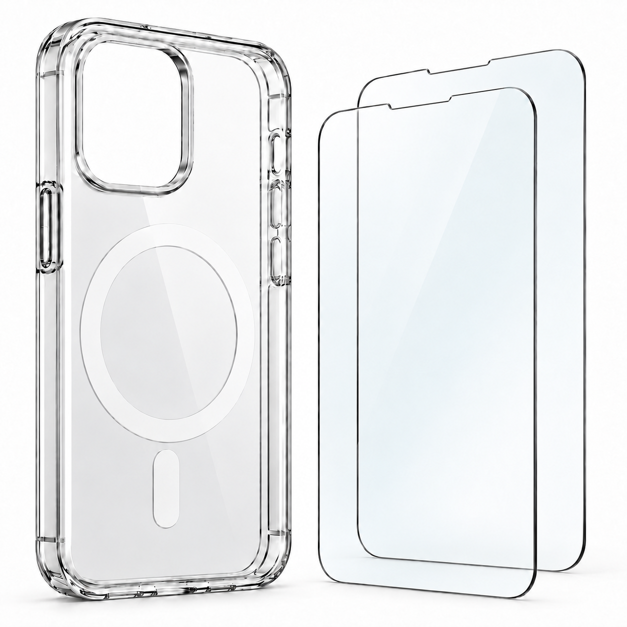 Transparente Handyhülle mit MagSafe-Ring und zwei Displayschutzfolien auf weißem Hintergrund.